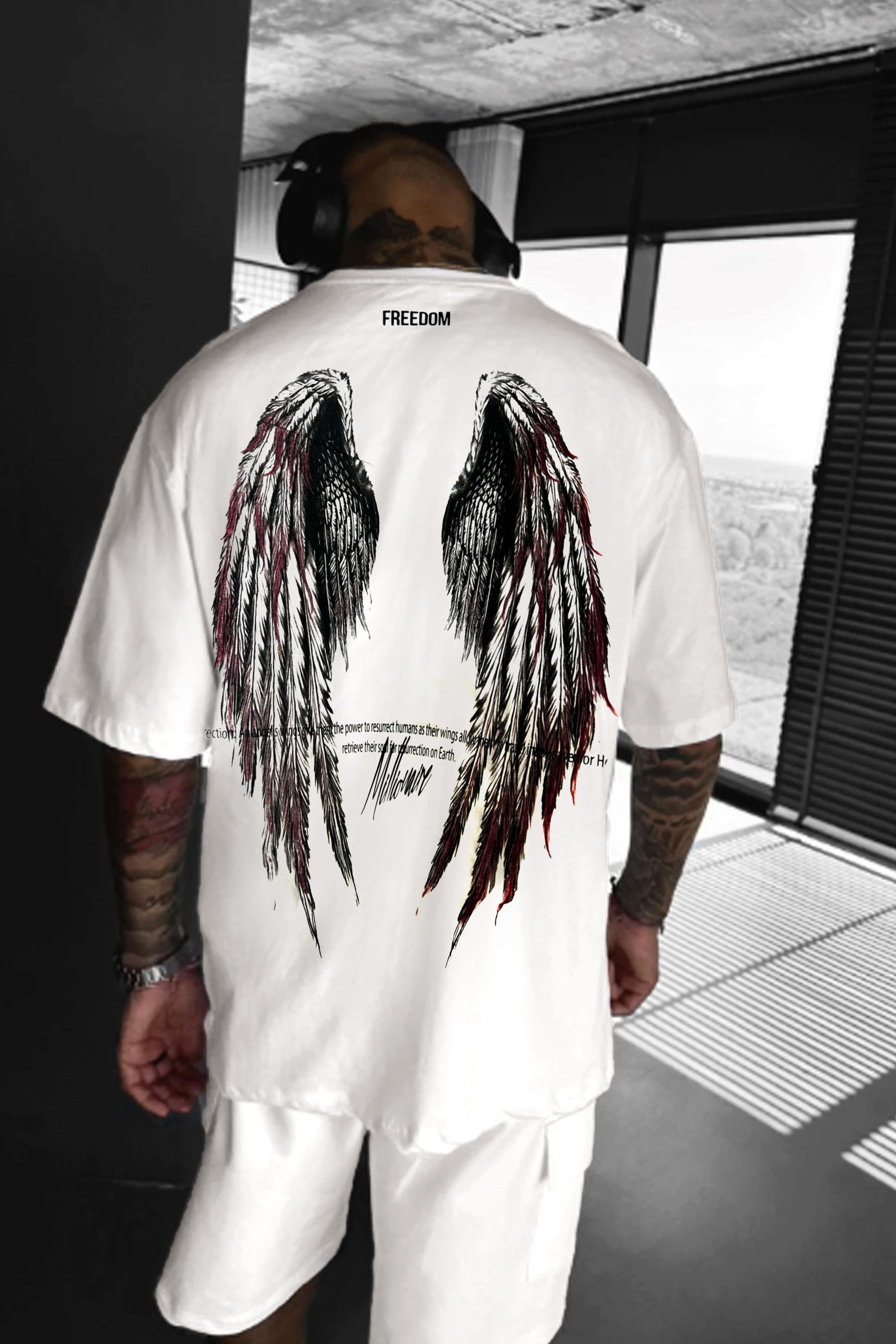 Erkek Freedom Kanat Baskılı Siyah Oversize Salaş T-Shirt