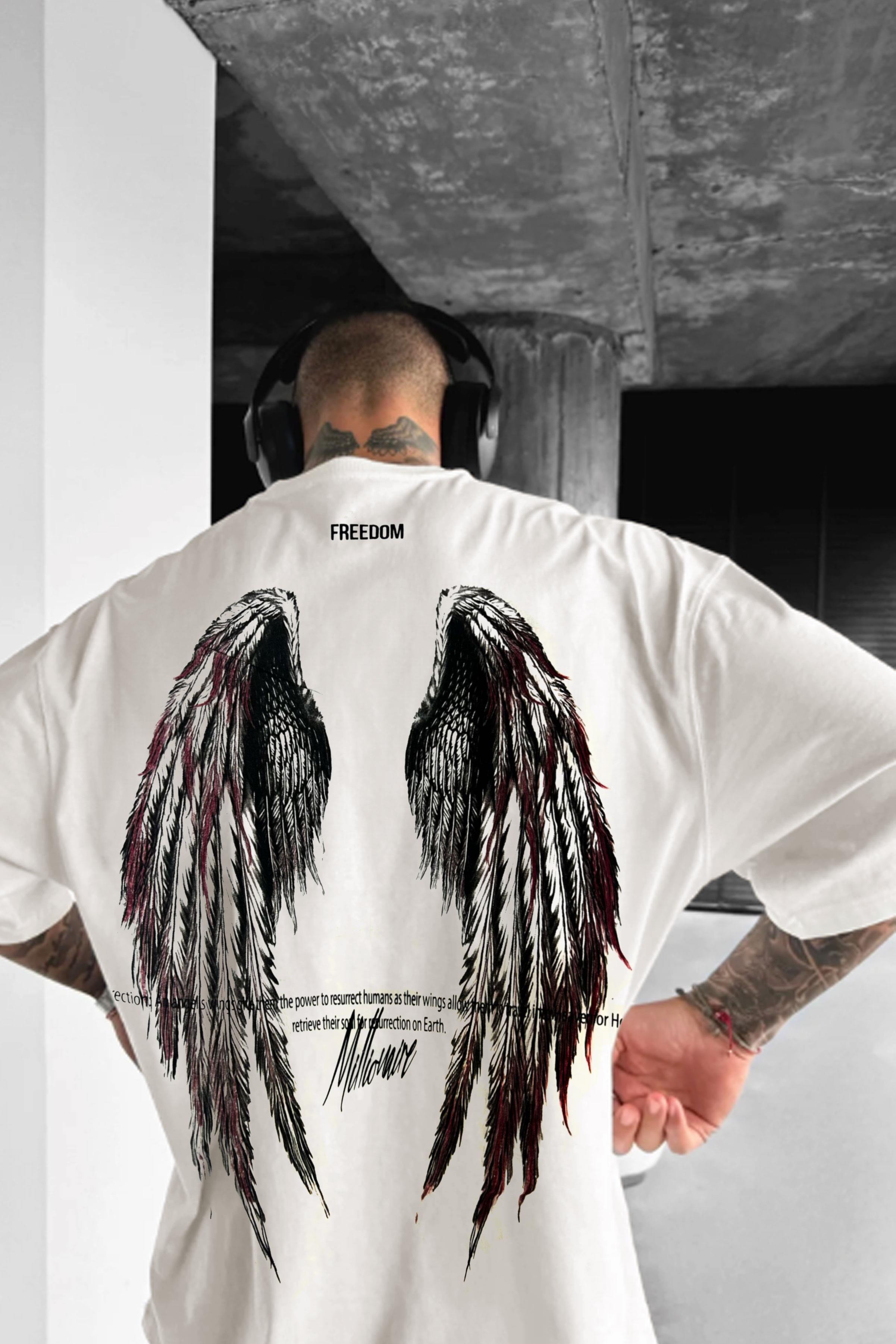 Erkek Freedom Kanat Baskılı Siyah Oversize Salaş T-Shirt