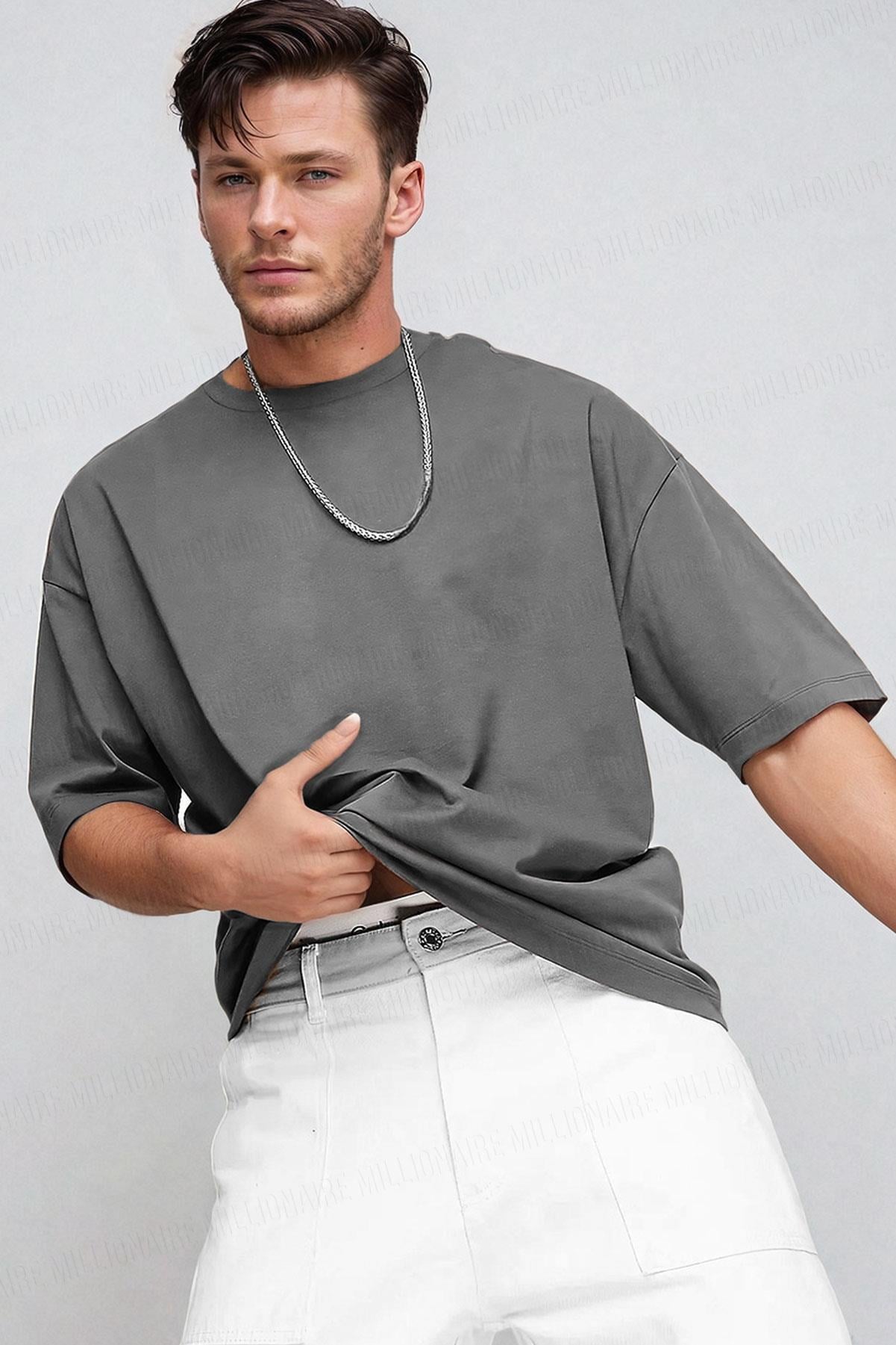 Erkek Füme Basic Düz Baskısız Oversize Salas Boyfriend T-Shirt