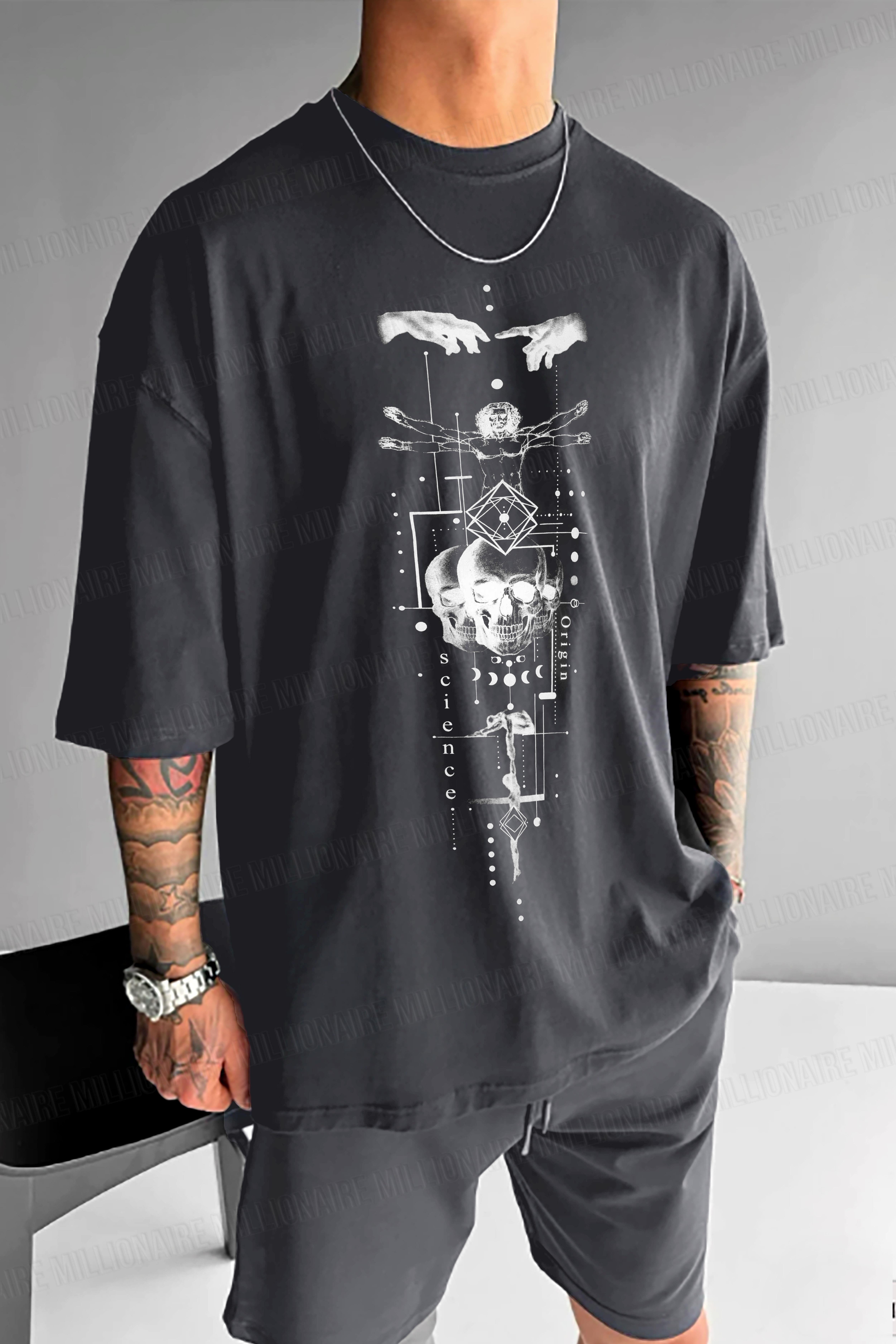 Erkek Füme Da Vinci Sicience Oversize Fit Bol Geniş Kalıp Salaş Kesim T-shirt