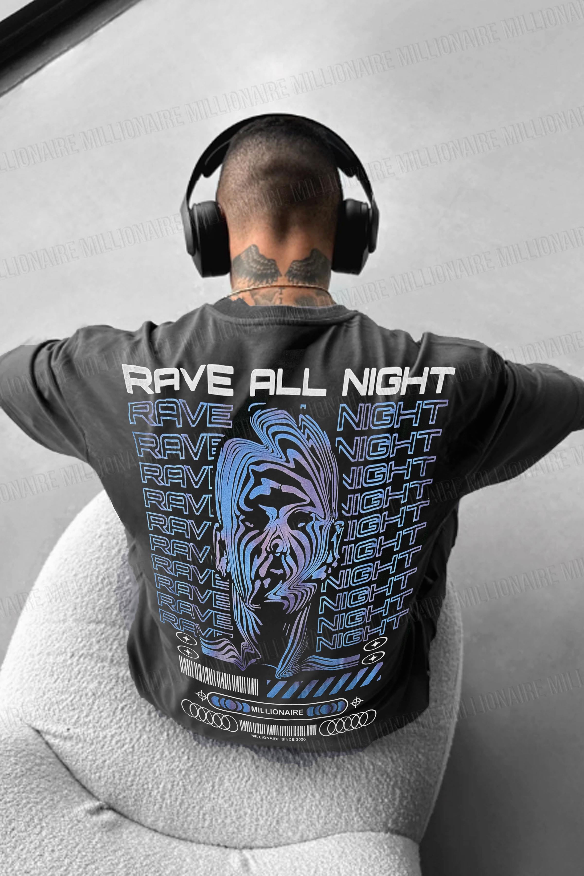 Erkek Füme Rave All Night Oversize Fit Bol Geniş Kalıp Salaş Kesim T-shirt