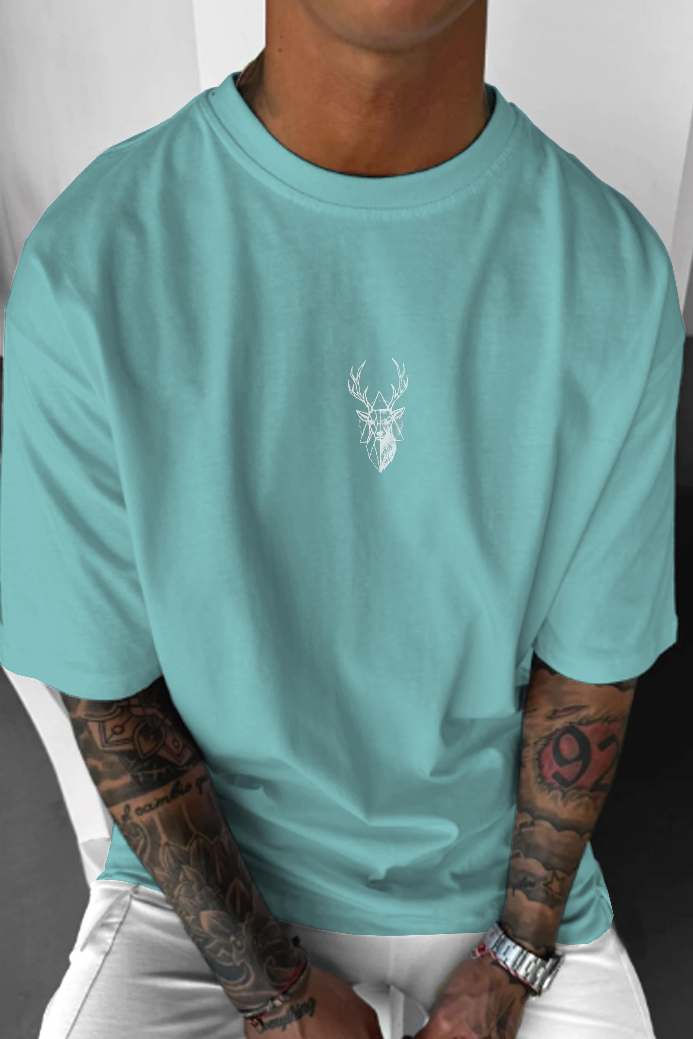 Erkek Geyik Baskılı Oversize Fit Bol Geniş Kalıp Salaş Kesim T-shirt