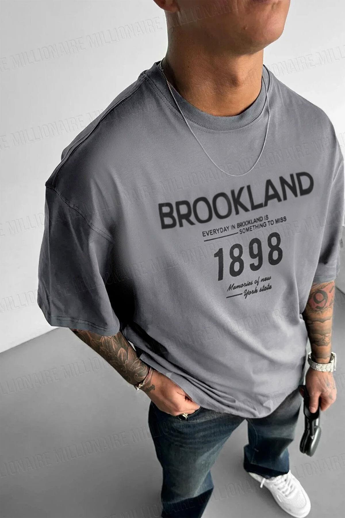 Erkek Gri 1898 Brookland Baskılı Oversize Salas T-Shirt