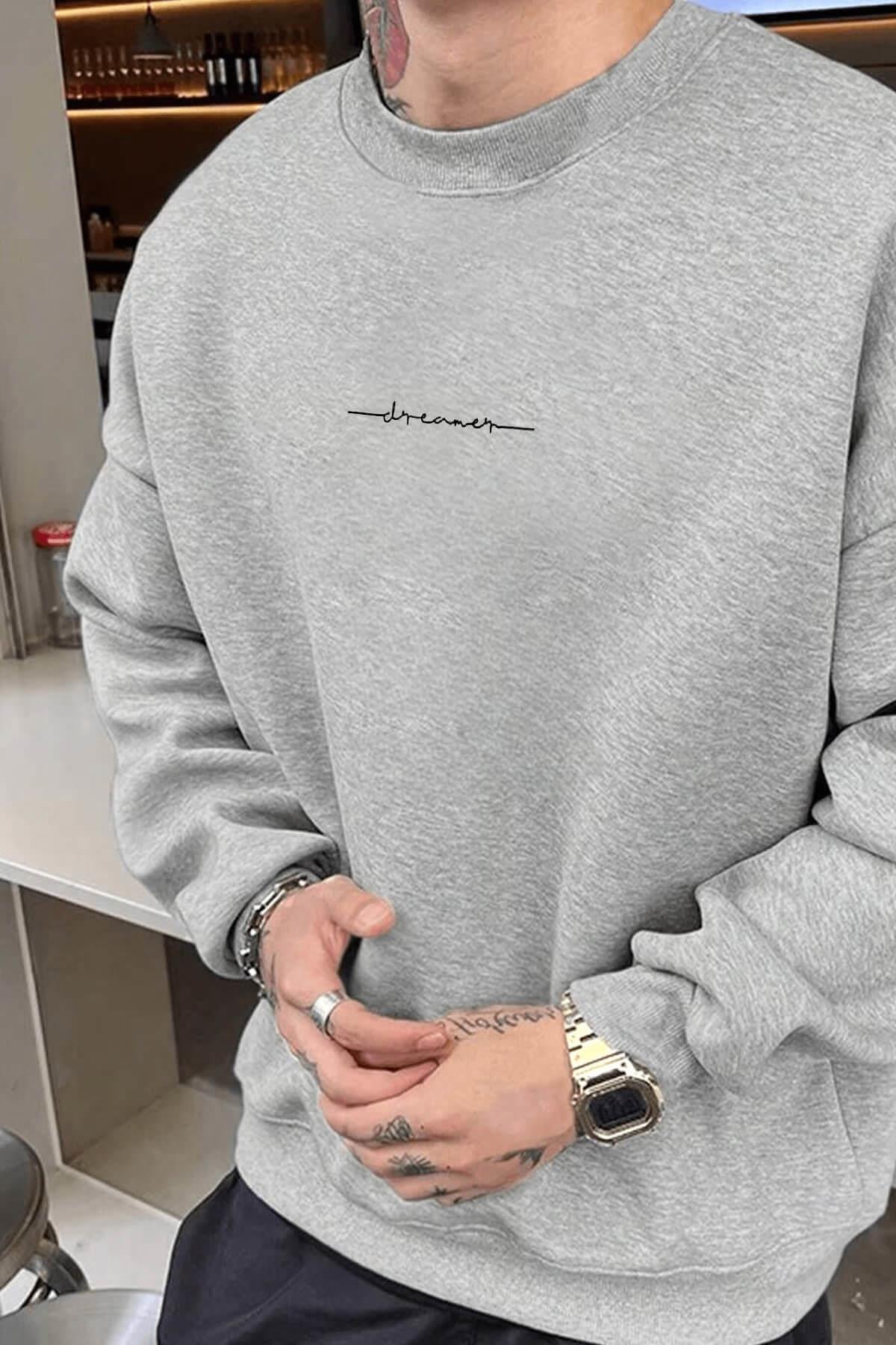 Erkek Gri Dreamer Baskılı 0 Sıfır Yaka Oversize Salaş Bol Kesim Polar Sweatshirt