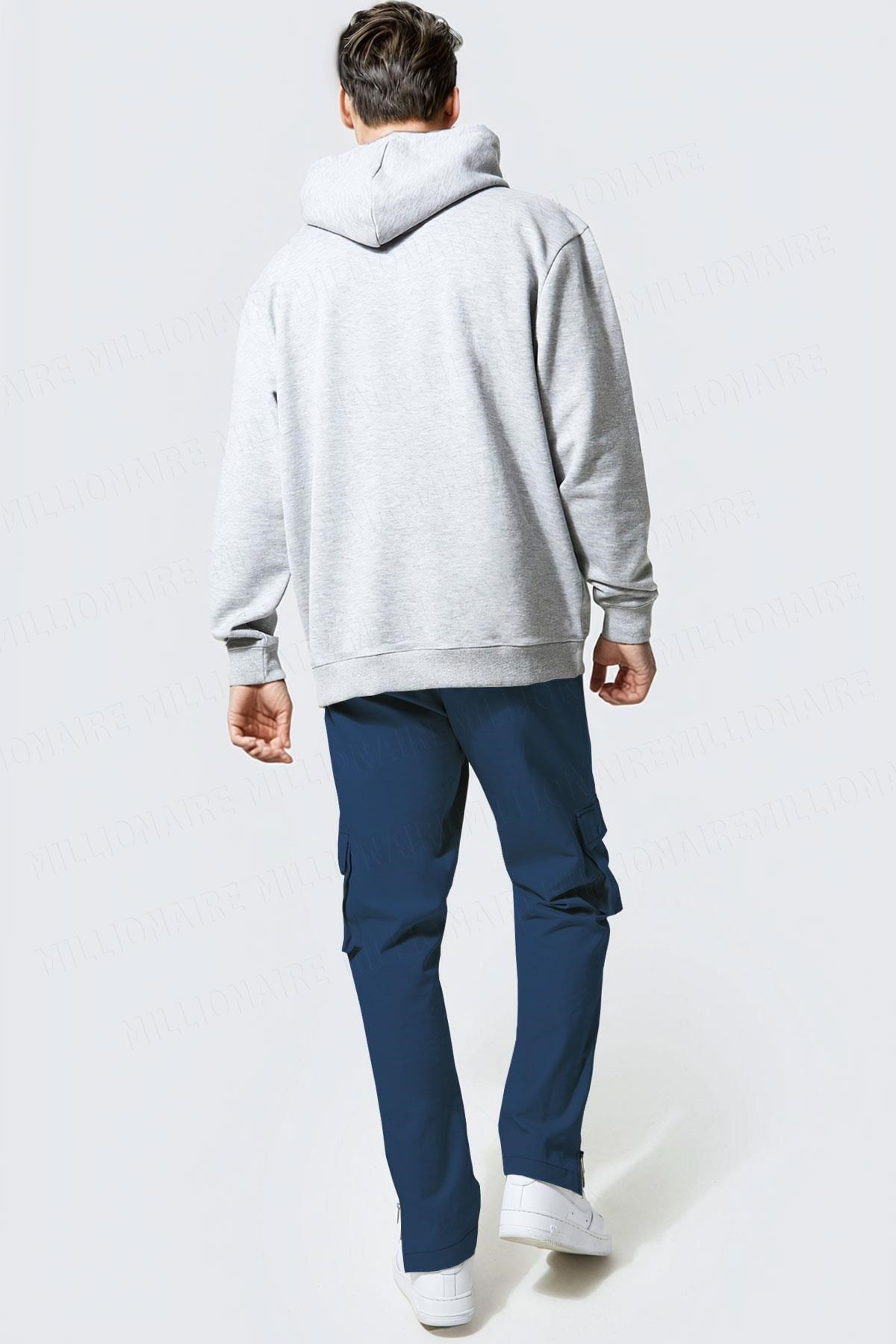 Erkek Gri Düz Kapüşonlu Oversize 3 iplik Şardonlu Salaş Bol Kesim Hoodie Sweatshirt