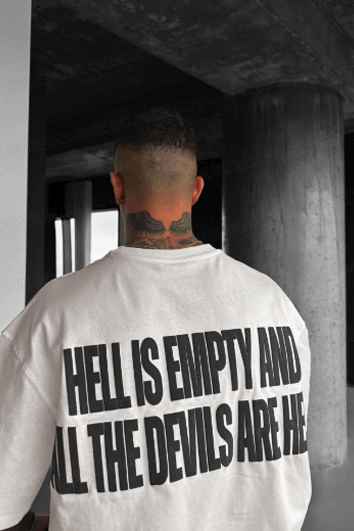 Erkek Hell & Devil Kabaran Baskı Beyaz Bisiklet Yaka Oversize Salas T-Shirt