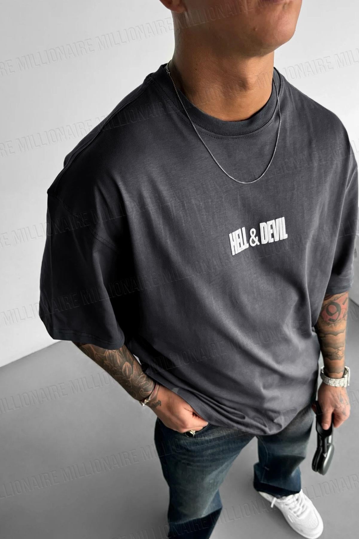 Erkek Hell & Devil Kabaran Baskı Siyah Bisiklet Yaka Oversize Salas T-Shirt