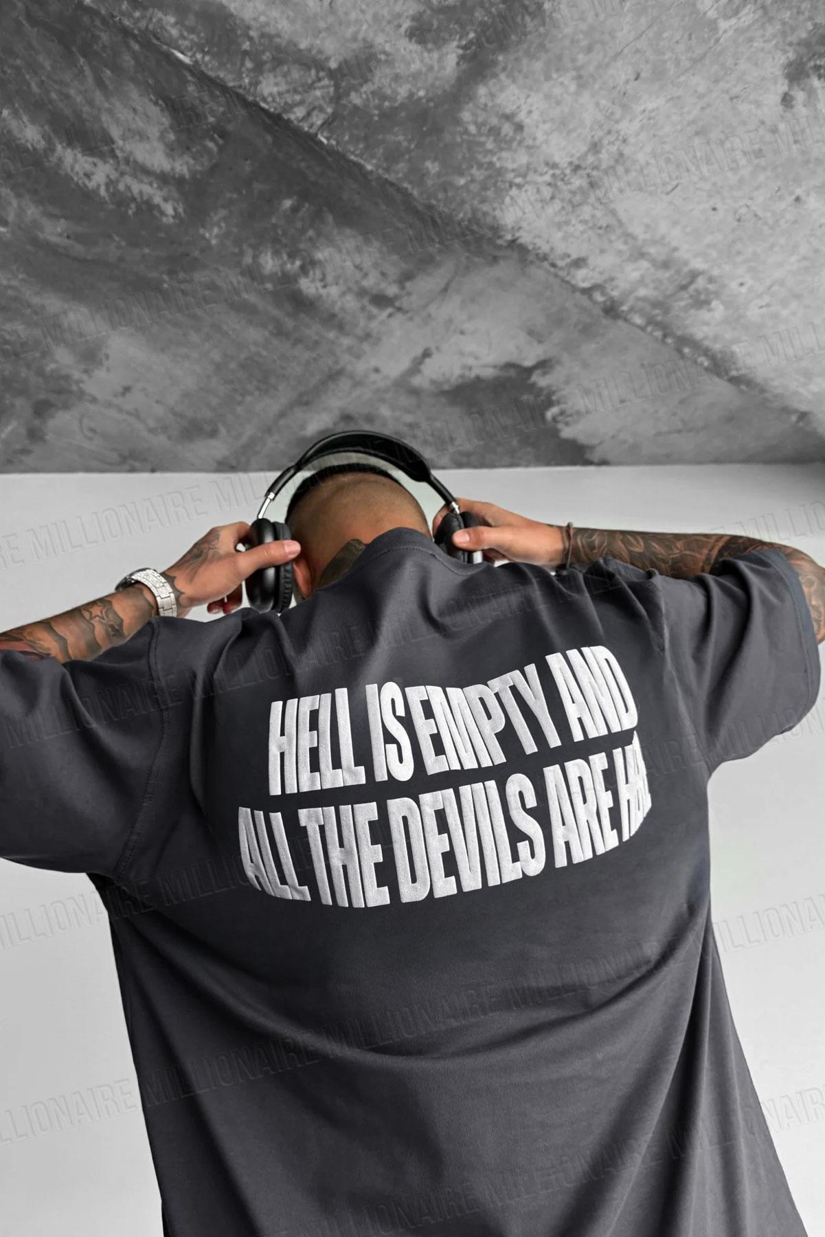 Erkek Hell & Devil Kabaran Baskı Siyah Bisiklet Yaka Oversize Salas T-Shirt