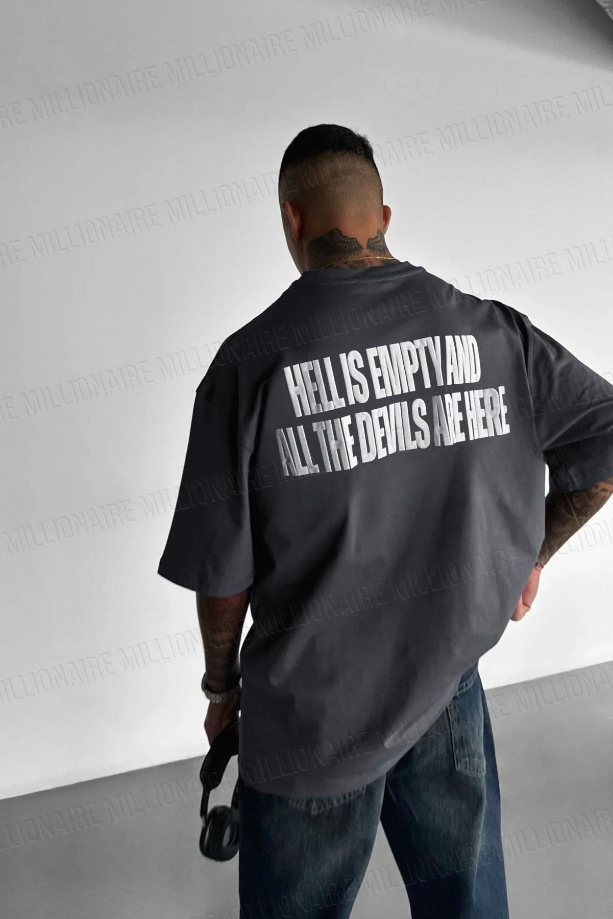 Erkek Hell & Devil Kabaran Baskı Siyah Bisiklet Yaka Oversize Salas T-Shirt