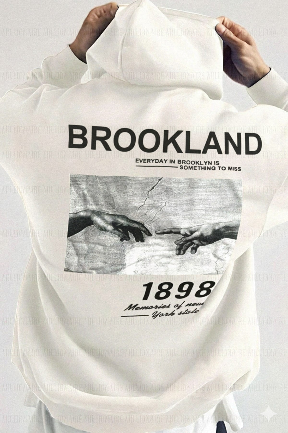 Erkek Kırık Beyaz Krem Ekru 1898 Baskılı Kapüşonlu Oversize 3 iplik Şardonlu Salaş Bol Kesim Hoodie Sweatshirt