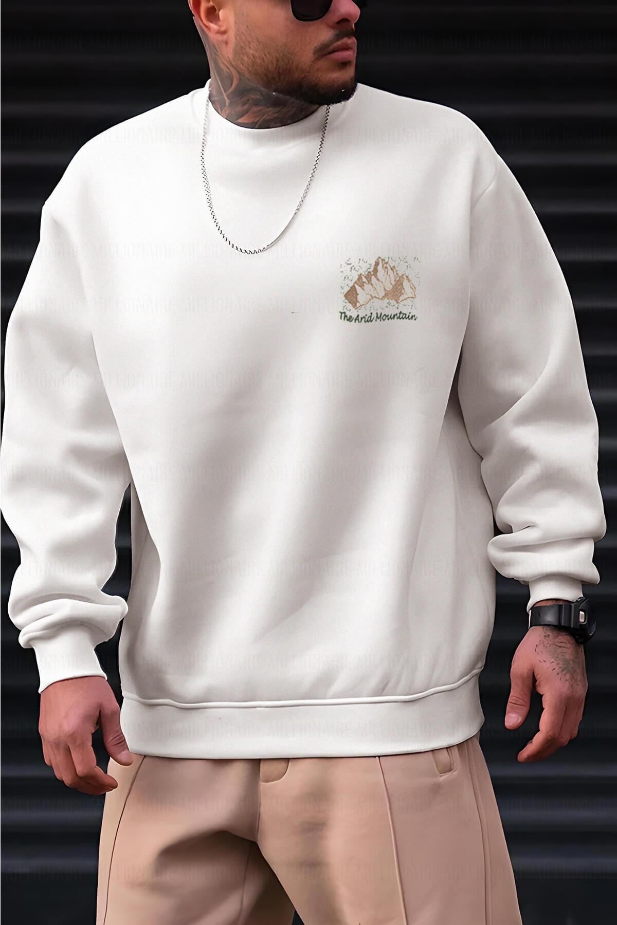 Erkek Kırık Beyaz Krem Ekru Arid Mountain Baskılı 0 Sıfır Yaka Oversize Salaş Bol Kesim Polar Sweatshirt