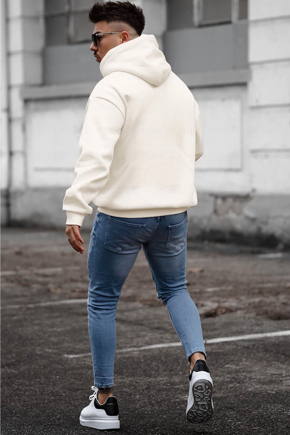 Erkek Kırık Beyaz Krem Ekru Düz Kapüşonlu Oversize 3 iplik Şardonlu Salaş Bol Kesim Hoodie Sweatshirt