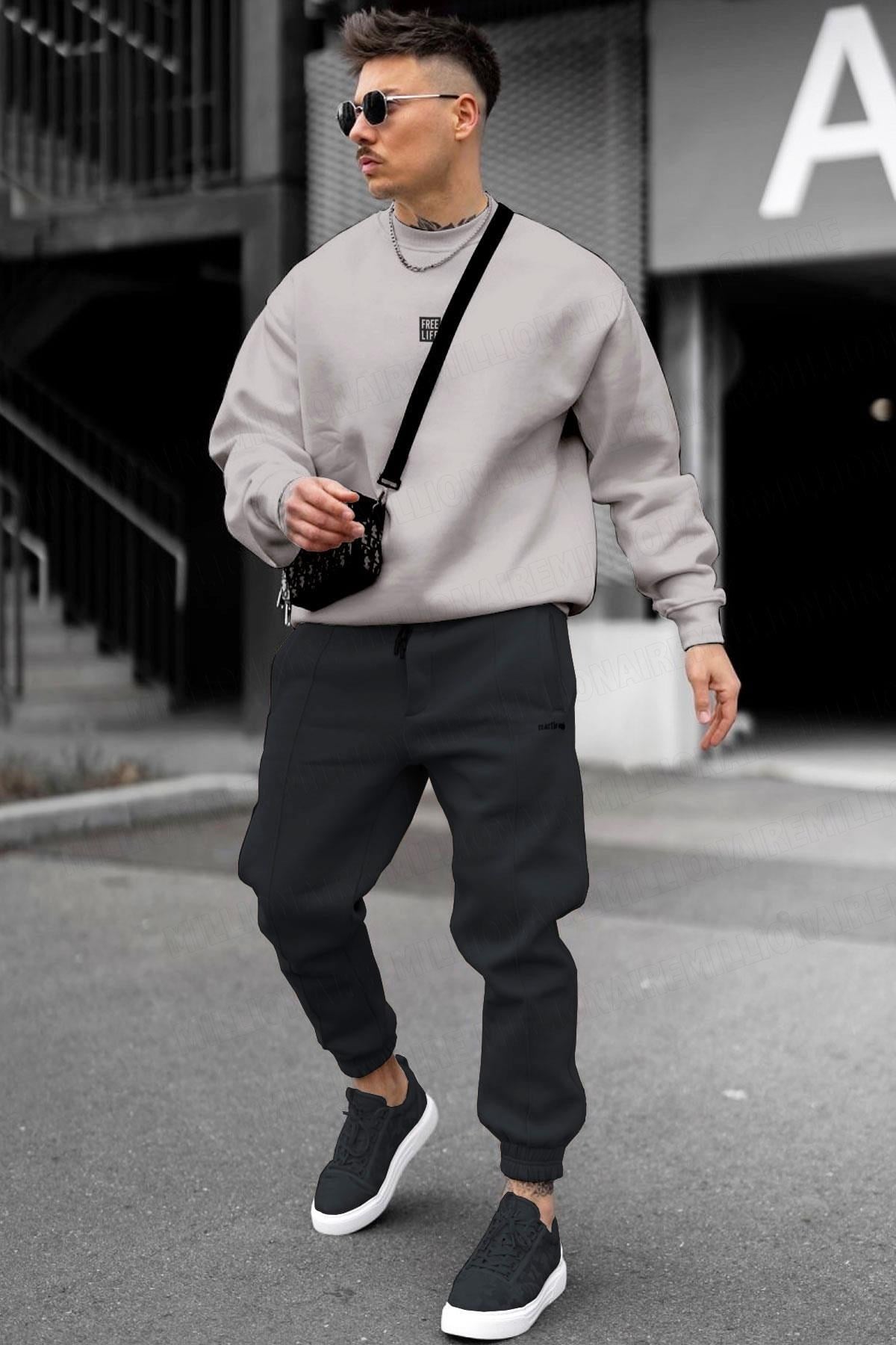 Erkek Koyu Gri Free Life Baskılı Kalın Soft 3 İplik içi Şardonlu 0 Sıfır Yaka Oversize Salaş Sweatshirt
