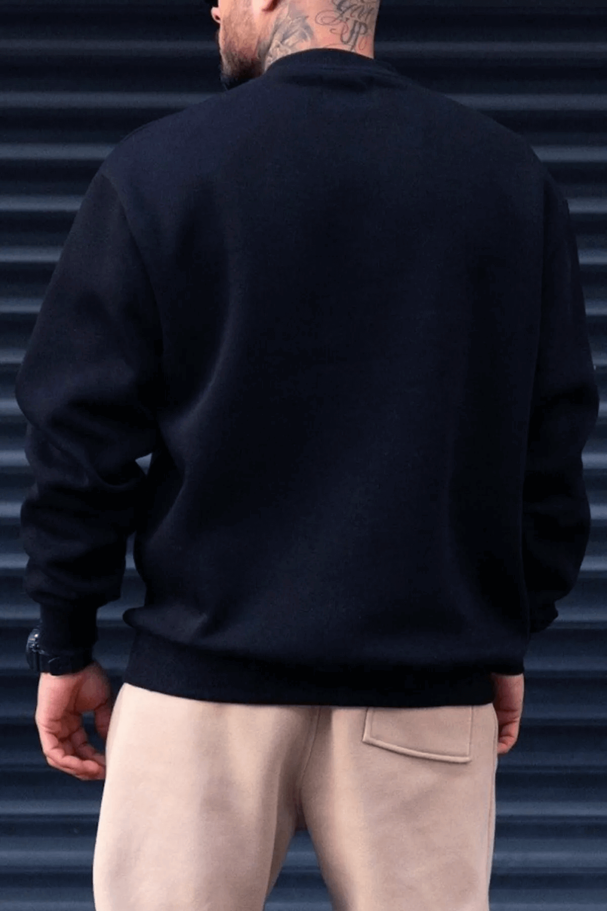 Erkek Lacivert Basic 0 Sıfır Yaka Baskısız Düz Oversize Salaş Bol Kesim Polar Sweatshirt 