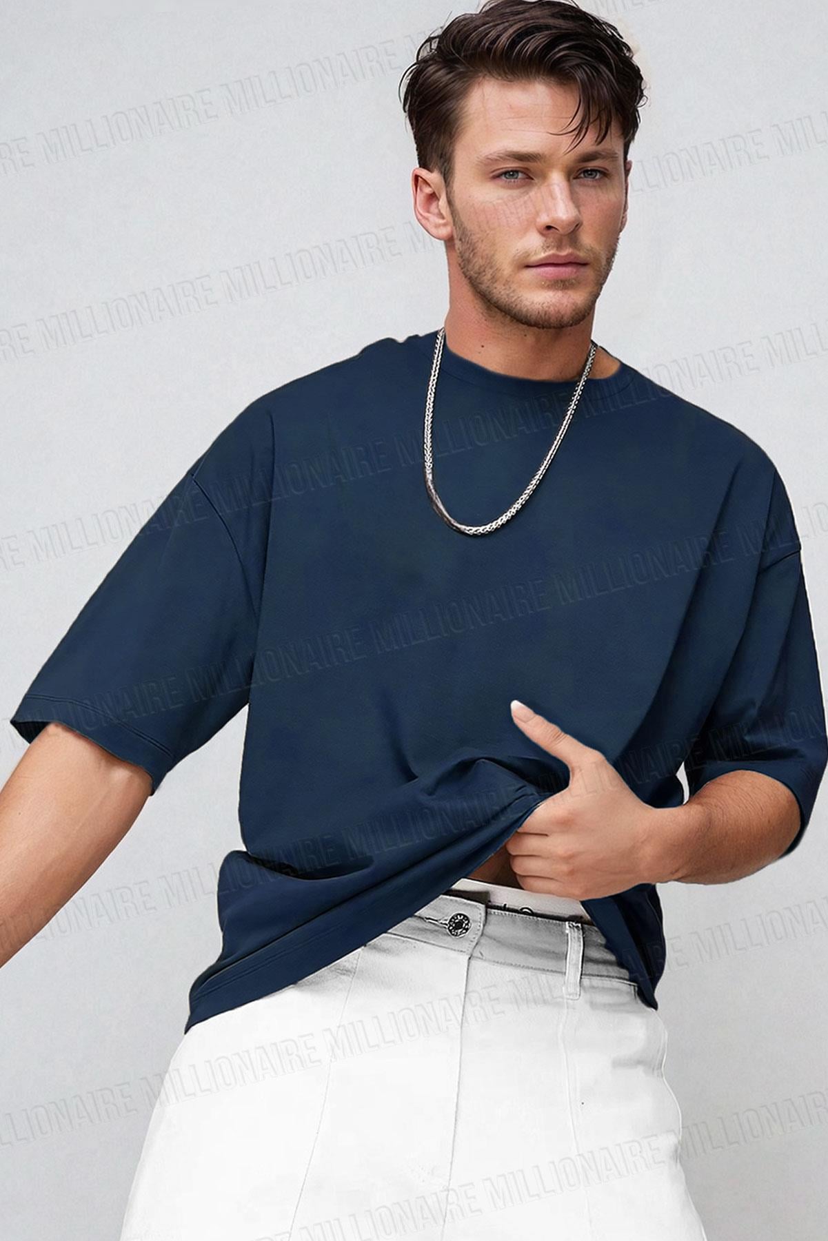 Erkek Lacivert Bisiklet Yaka Düz Basic Baskısız Oversize Salas T-Shirt