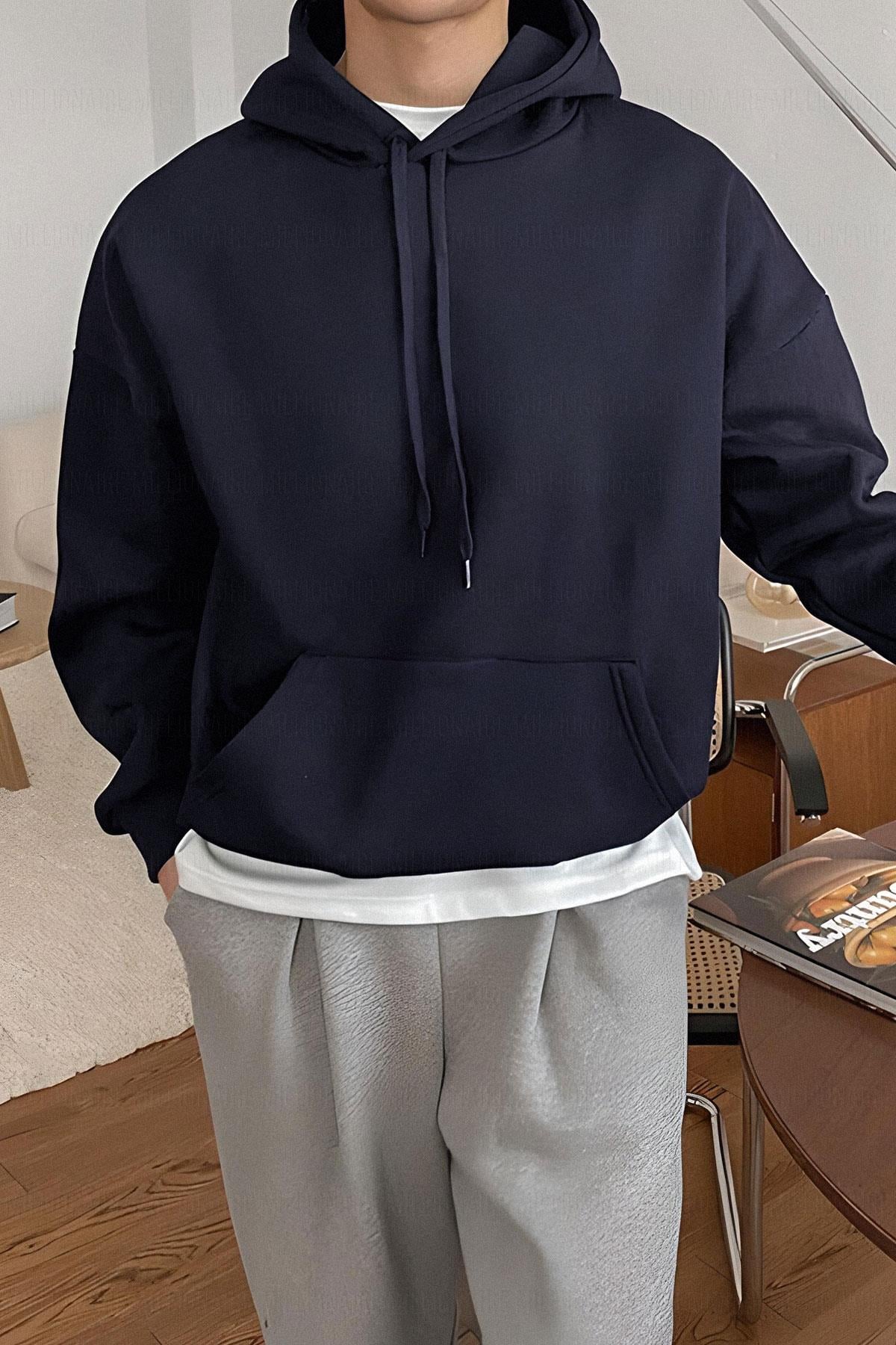 Erkek Lacivert Düz Kapüşonlu Oversize 3 iplik Şardonlu Salaş Bol Kesim Hoodie Sweatshirt