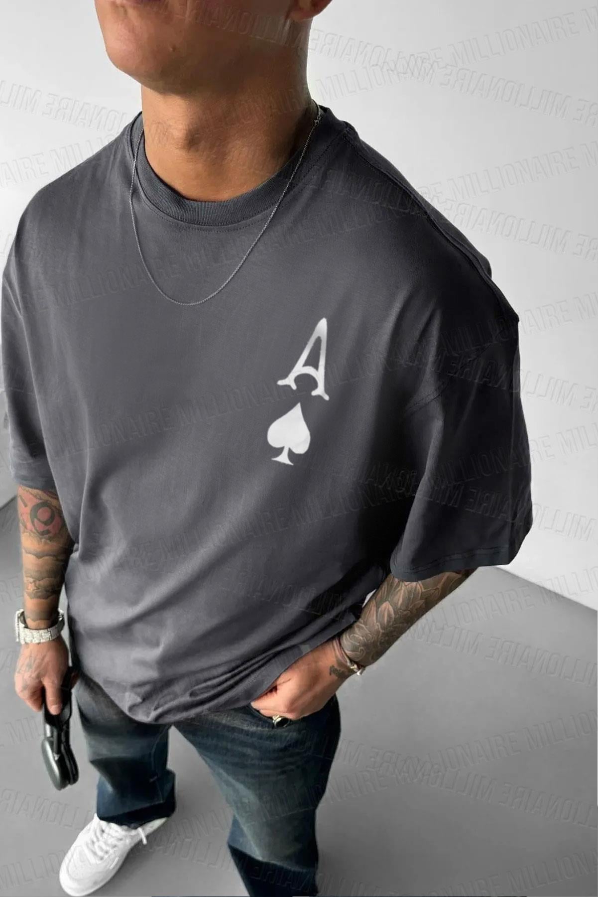 Erkek Maça As Baskılı Füme OVersize T-Shirt