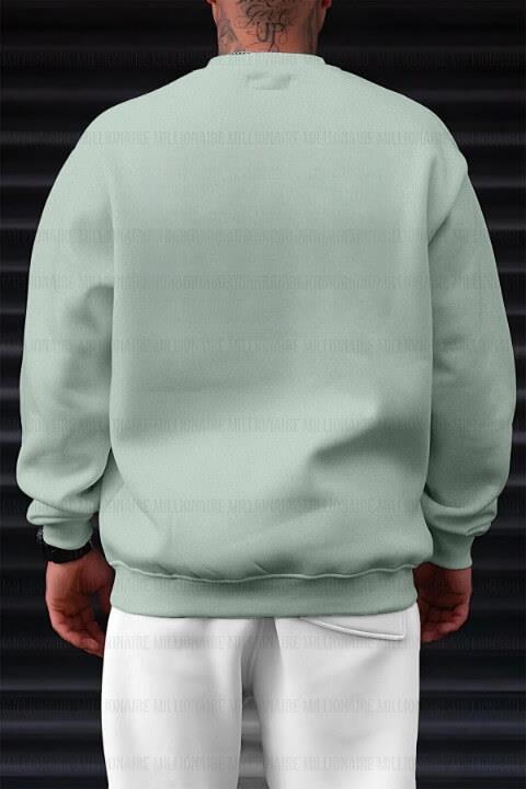 Erkek Mint Yeşili Basic 0 Sıfır Yaka Baskısız Düz Oversize Salaş Bol Kesim Polar Sweatshirt 