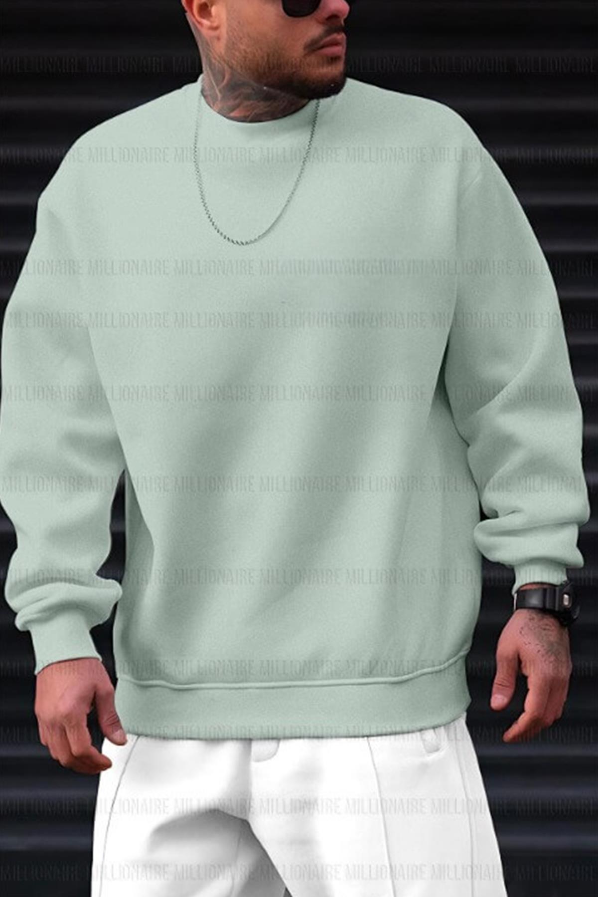 Erkek Mint Yeşili Basic 0 Sıfır Yaka Baskısız Düz Oversize Salaş Bol Kesim Polar Sweatshirt 