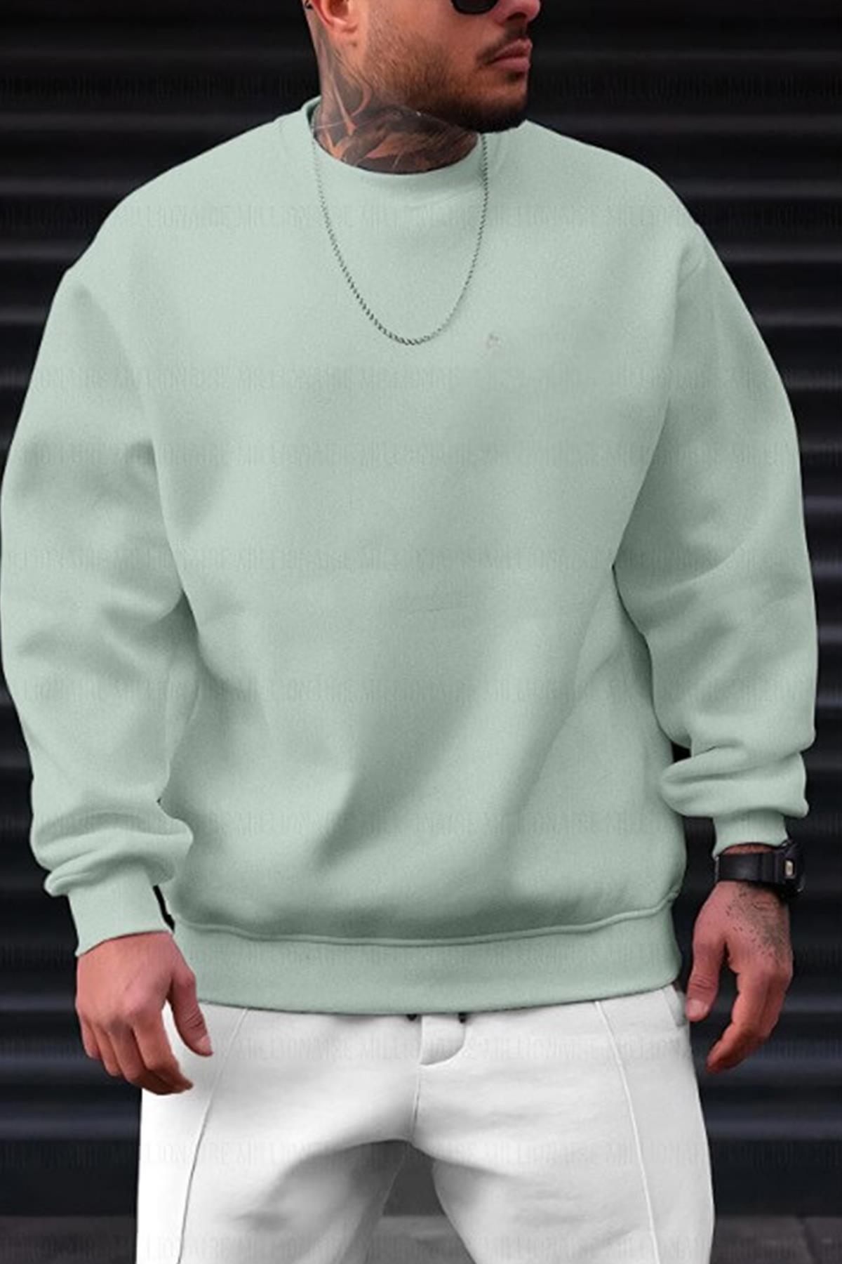 Erkek Mint Yeşili Basic 0 Sıfır Yaka Baskısız Düz Oversize Salaş Bol Kesim Polar Sweatshirt 