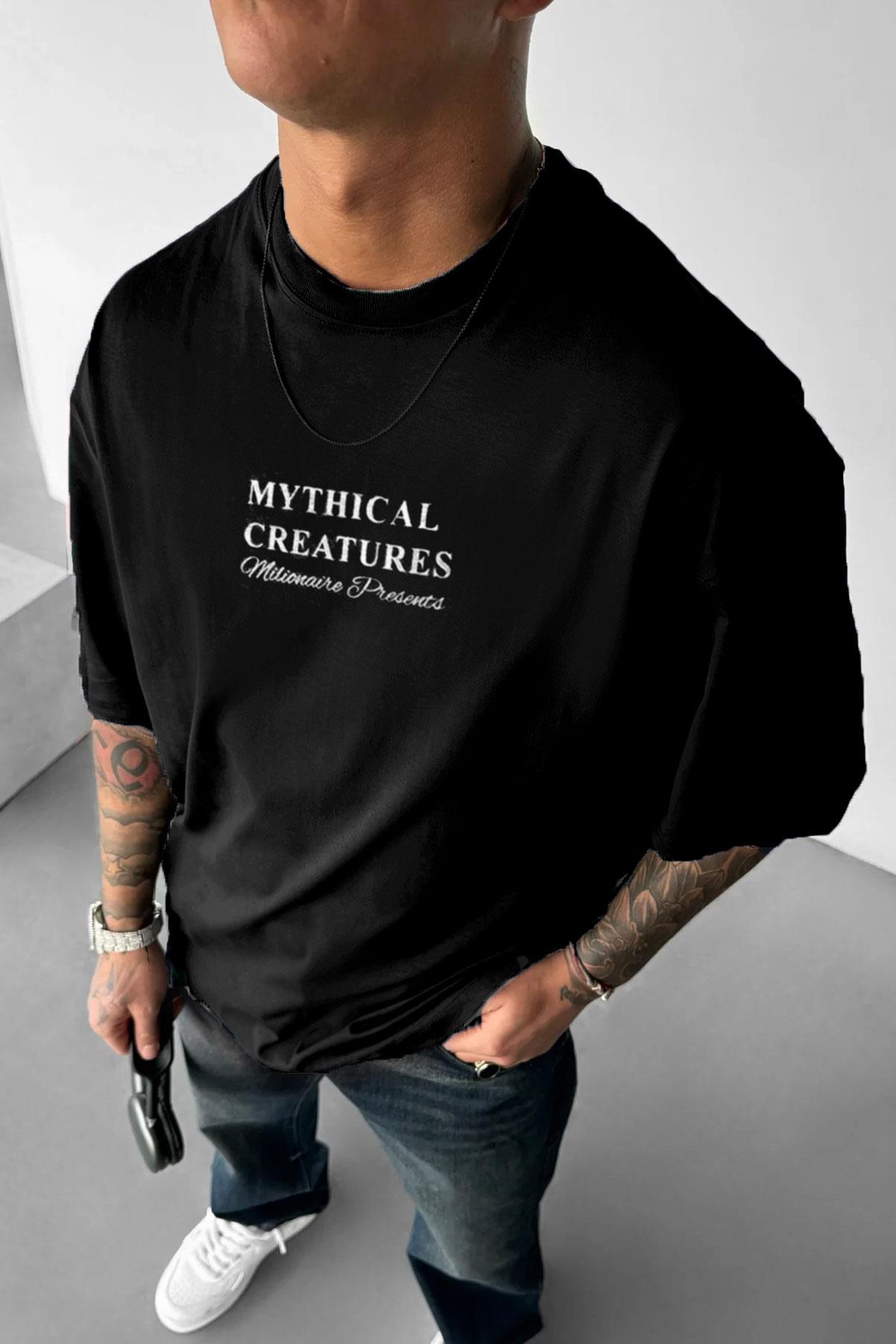 Erkek Mythical Pegasus Baskılı Siyah Bisiklet Yaka Oversize Salaş T-Shirt