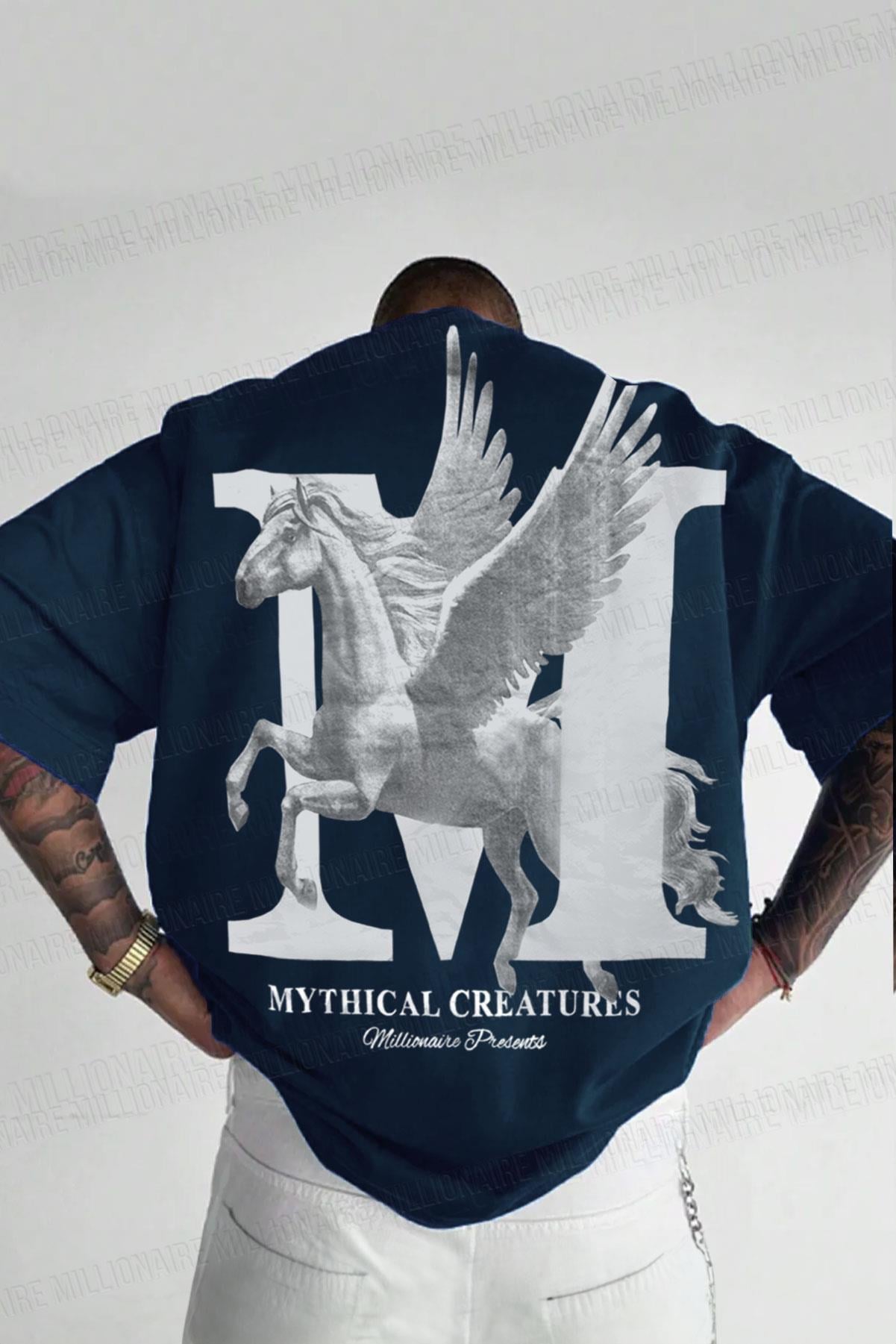 Erkek Mytical Pegasus Baskılı Lacivert Bisiklet Yaka Oversize Salaş T-Shirt