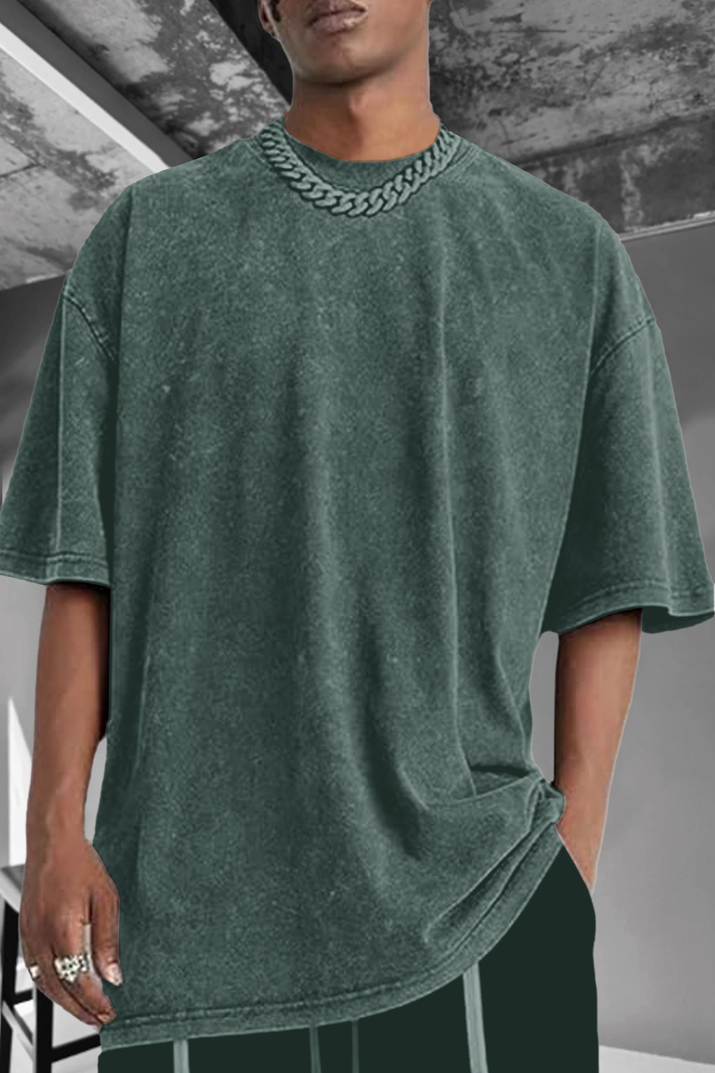 Erkek Oversize Asit Yıkamalı Eskitme Efektli Boyalı T-Shirt