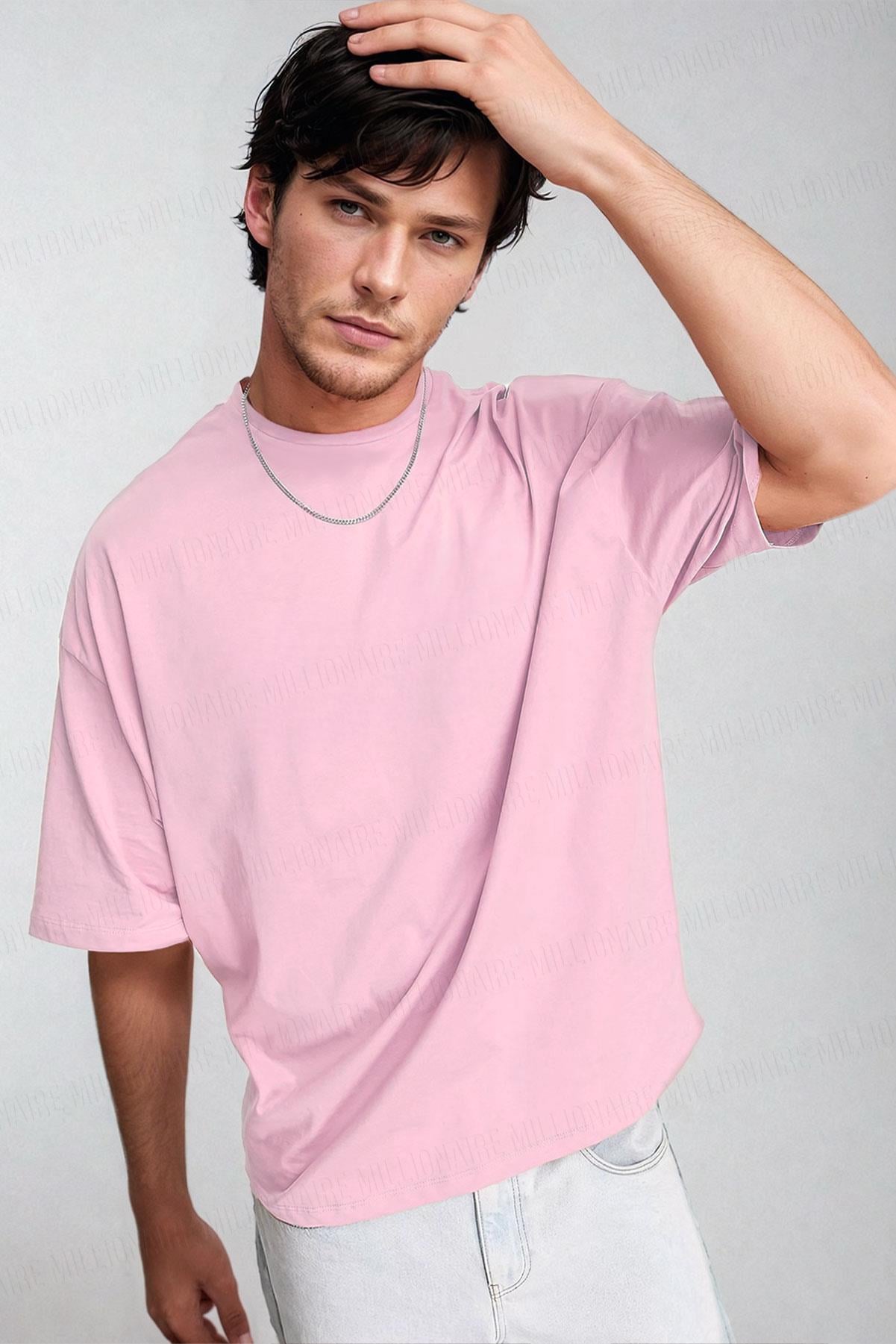 Erkek Pembe Basic Düz Baskısız Oversize Salas Boyfriend T-Shirt
