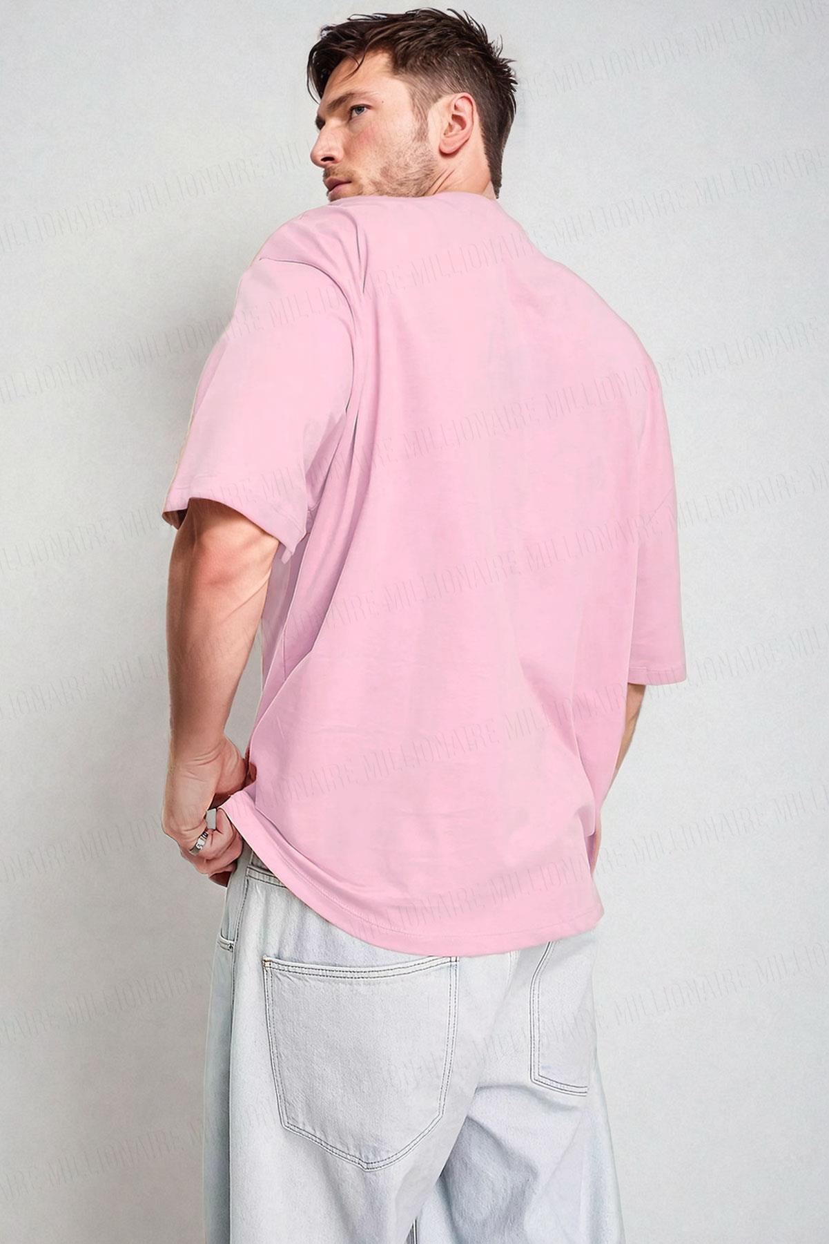 Erkek Pembe Basic Düz Baskısız Oversize Salas Boyfriend T-Shirt