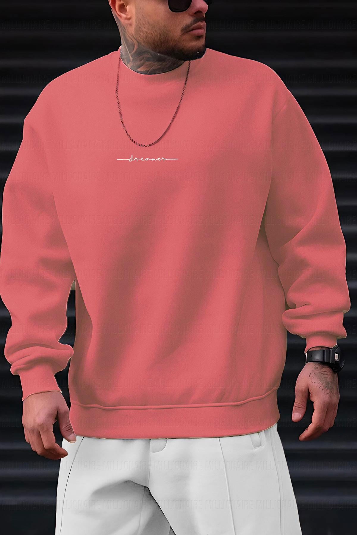 Erkek Pembe Dreamer Baskılı 0 Sıfır Yaka Oversize Salaş Bol Kesim Polar Sweatshirt