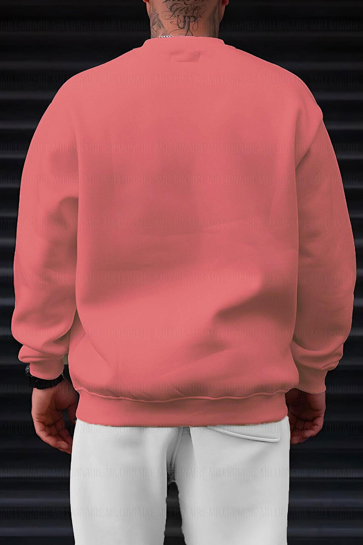 Erkek Pembe Dreamer Baskılı 0 Sıfır Yaka Oversize Salaş Bol Kesim Polar Sweatshirt
