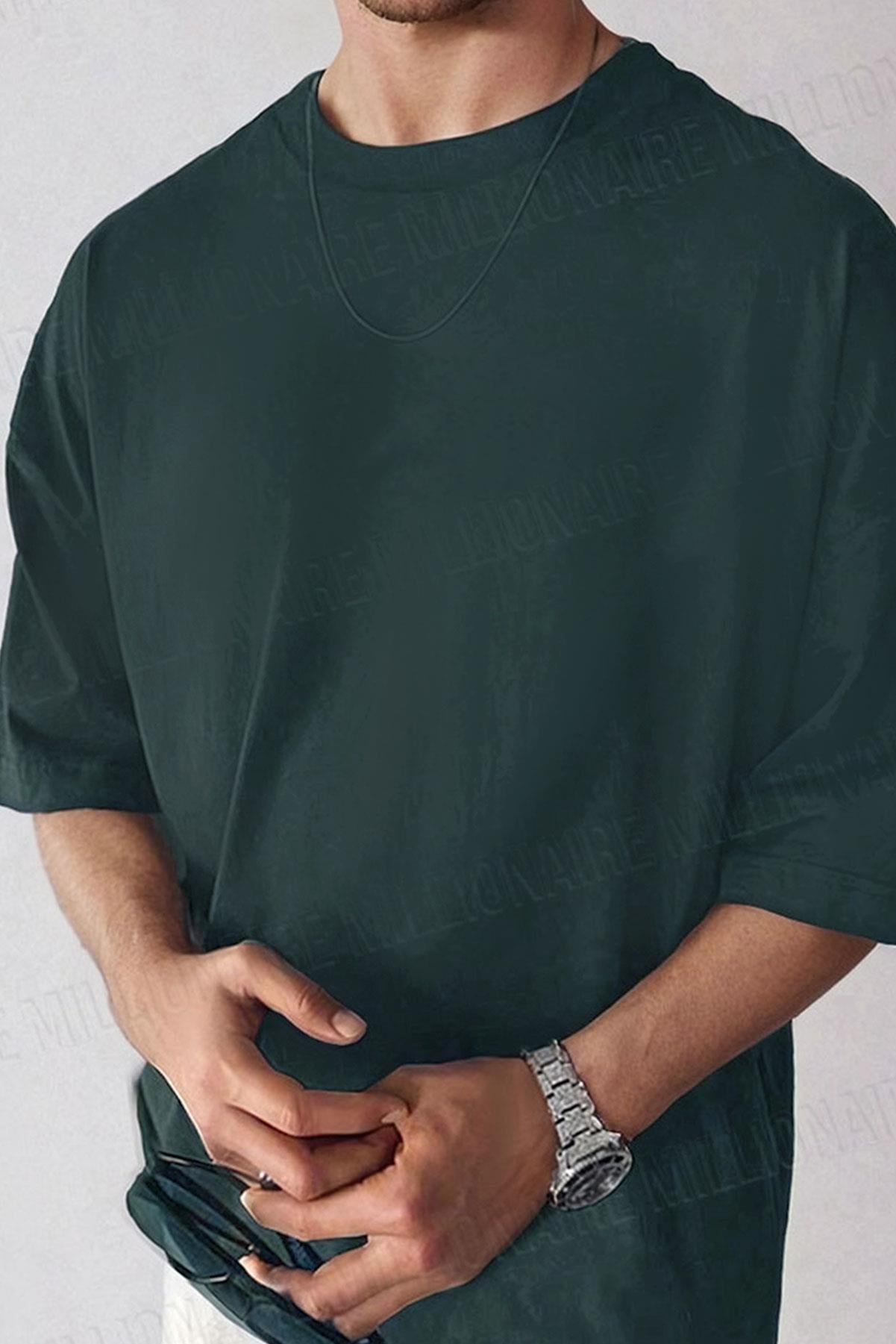 Erkek Petrol Yeşili Basic Düz Baskısız Oversize Salas Boyfriend T-Shirt