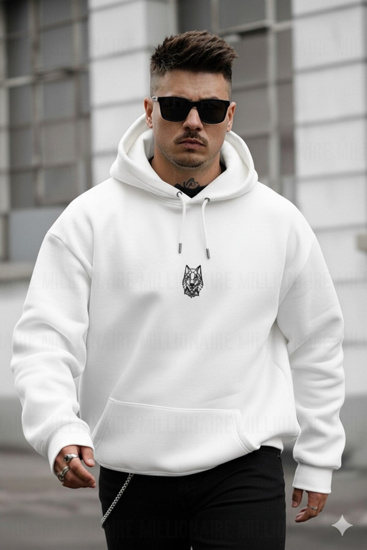 Erkek Siyah Alpha Wolf Kapüşonlu Oversize 3 iplik Şardonlu Salaş Bol Kesim Hoodie Sweatshirt