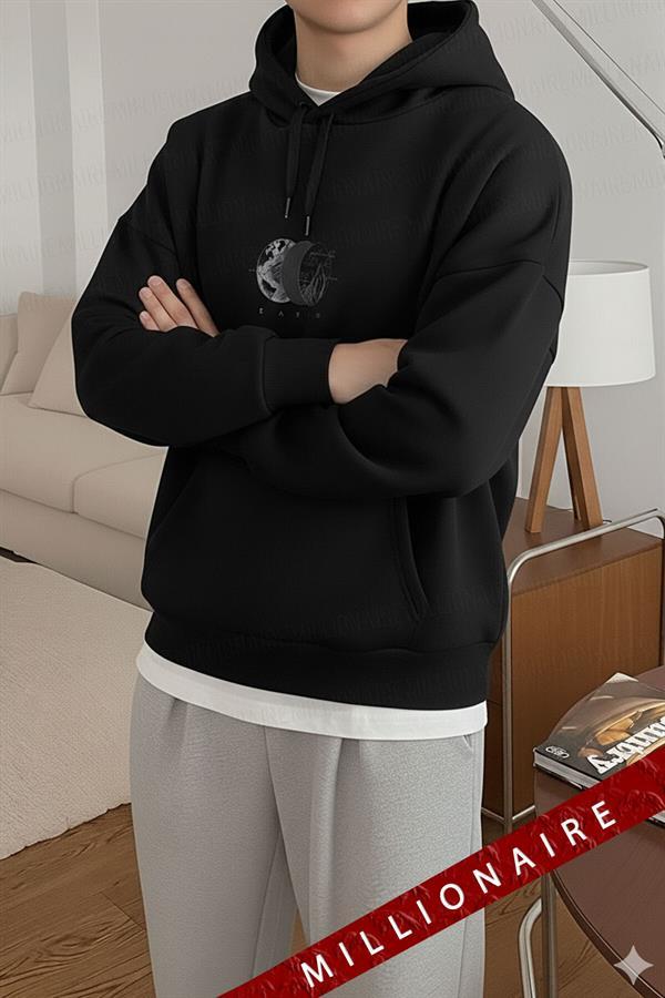 Erkek Siyah Alpha Wolf Kapüşonlu Oversize 3 iplik Şardonlu Salaş Bol Kesim Hoodie Sweatshirt
