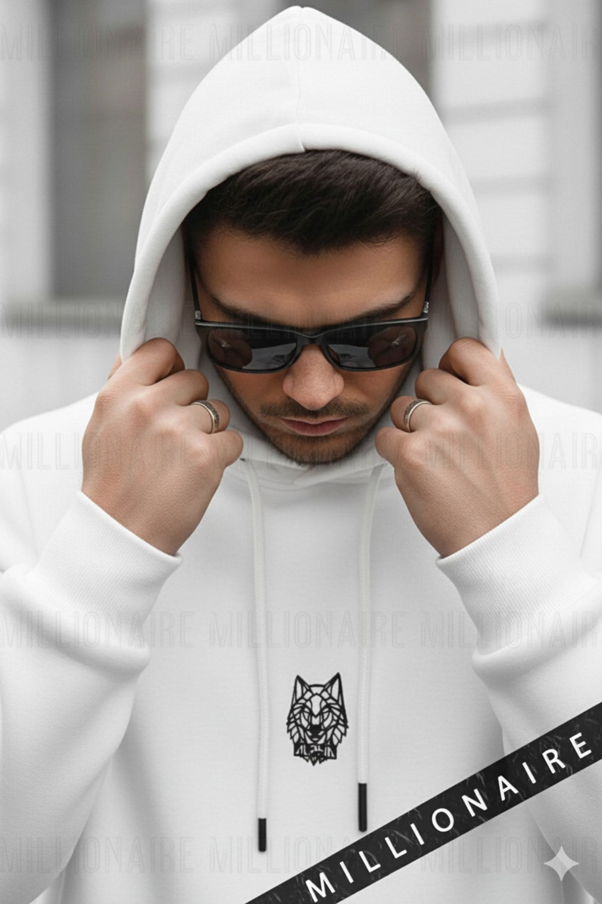 Erkek Siyah Alpha Wolf Kapüşonlu Oversize 3 iplik Şardonlu Salaş Bol Kesim Hoodie Sweatshirt