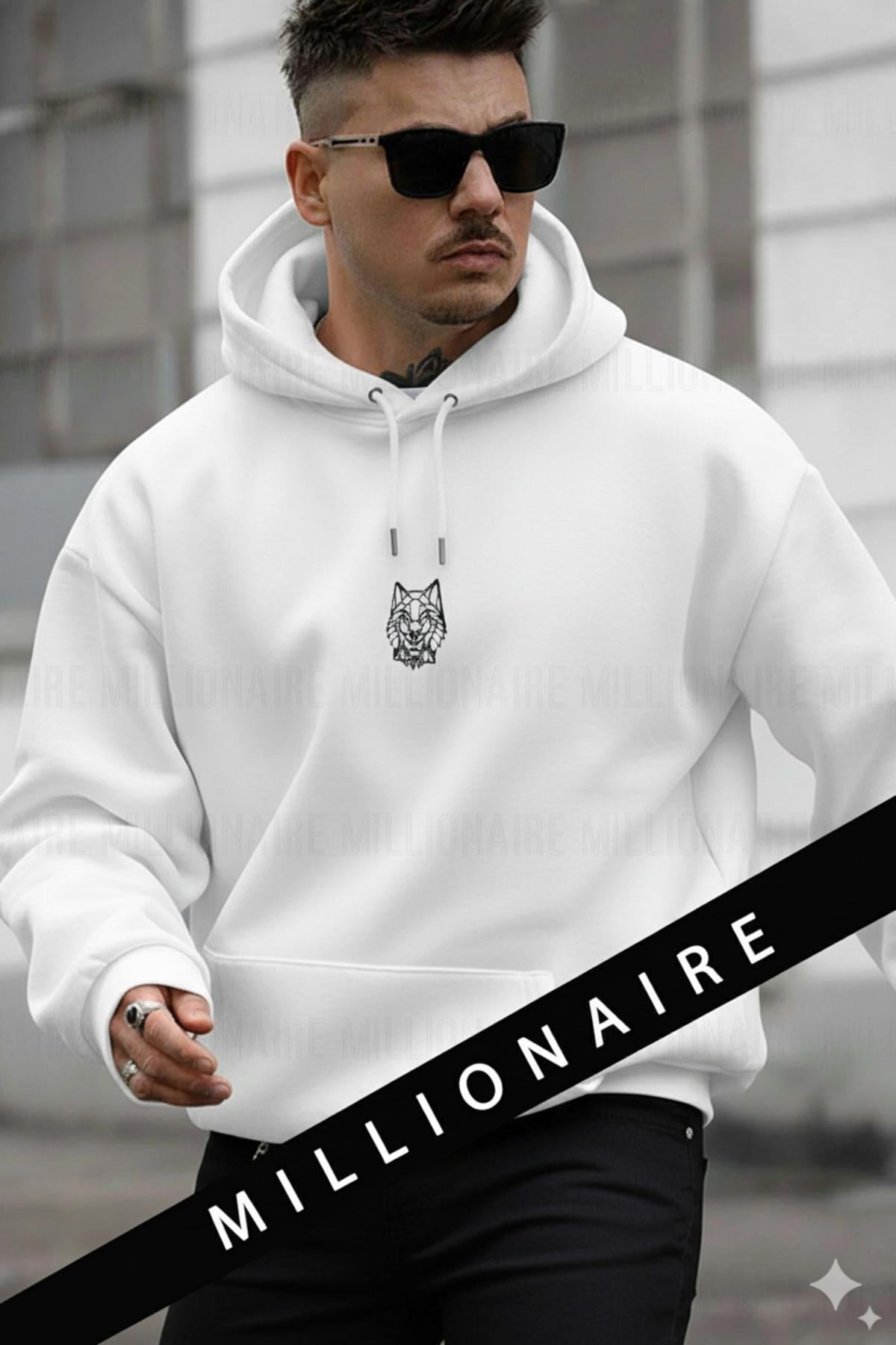 Erkek Siyah Alpha Wolf Kapüşonlu Oversize 3 iplik Şardonlu Salaş Bol Kesim Hoodie Sweatshirt