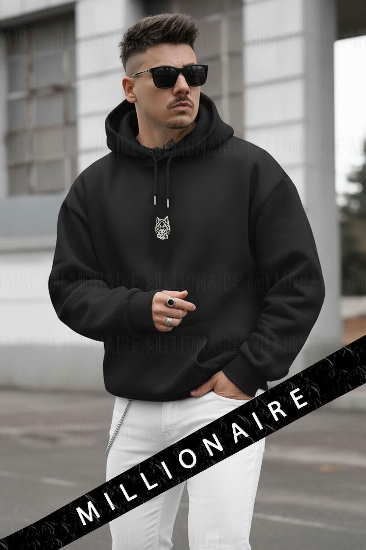 Erkek Siyah Alpha Wolf Kapüşonlu Oversize 3 iplik Şardonlu Salaş Bol Kesim Hoodie Sweatshirt