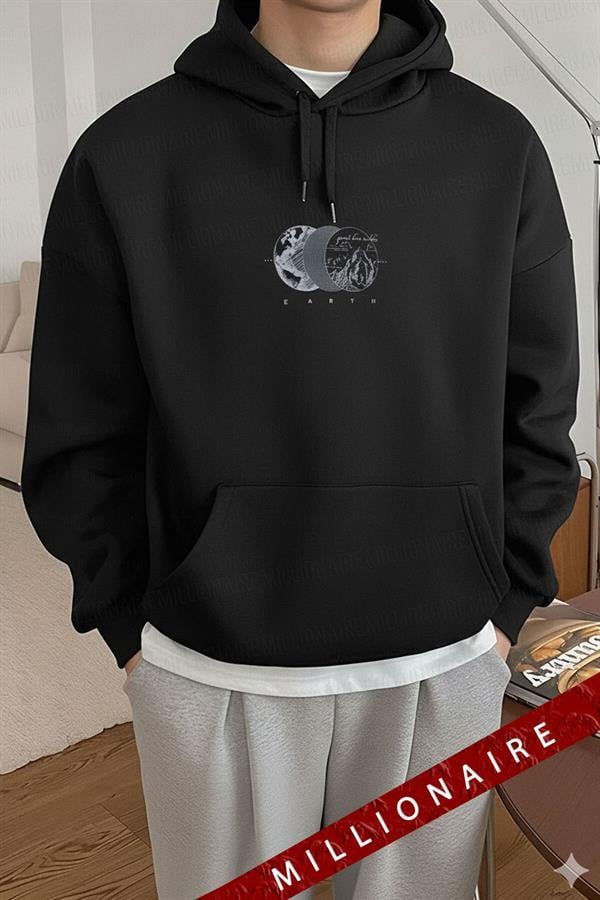 Erkek Siyah Alpha Wolf Kapüşonlu Oversize 3 iplik Şardonlu Salaş Bol Kesim Hoodie Sweatshirt
