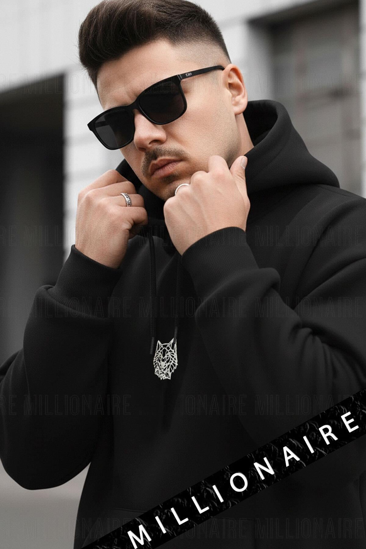 Erkek Siyah Alpha Wolf Kapüşonlu Oversize 3 iplik Şardonlu Salaş Bol Kesim Hoodie Sweatshirt