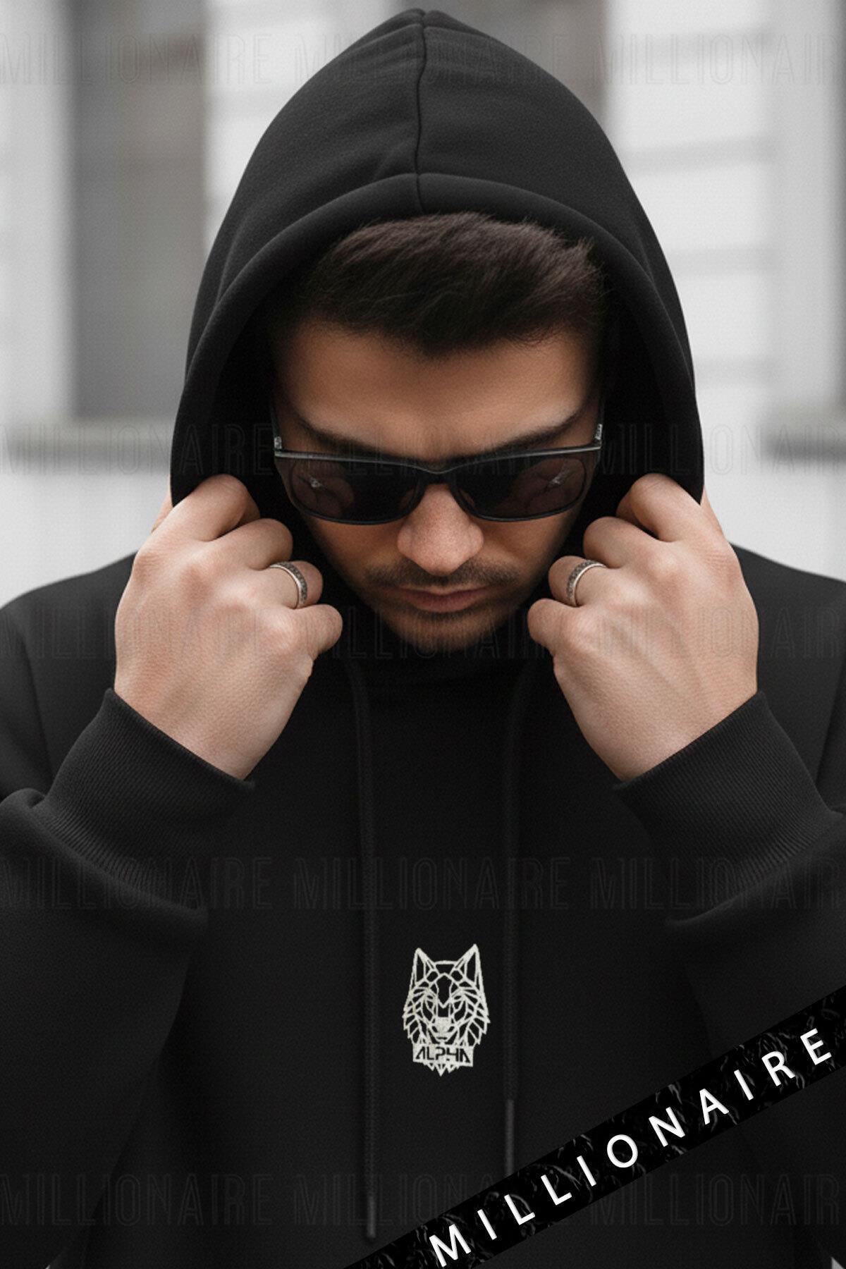 Erkek Siyah Alpha Wolf Kapüşonlu Oversize 3 iplik Şardonlu Salaş Bol Kesim Hoodie Sweatshirt