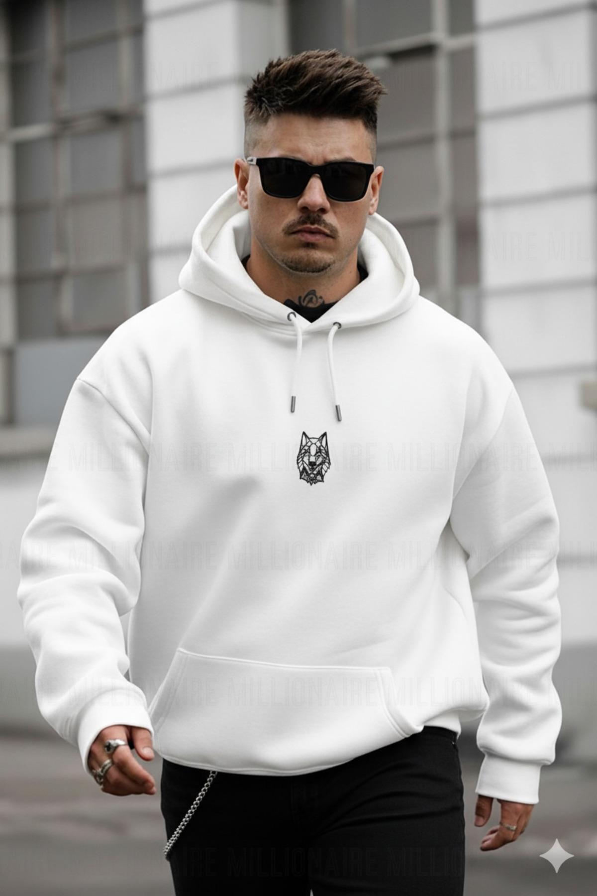 Erkek Siyah Alpha Wolf Kapüşonlu Oversize 3 iplik Şardonlu Salaş Bol Kesim Hoodie Sweatshirt