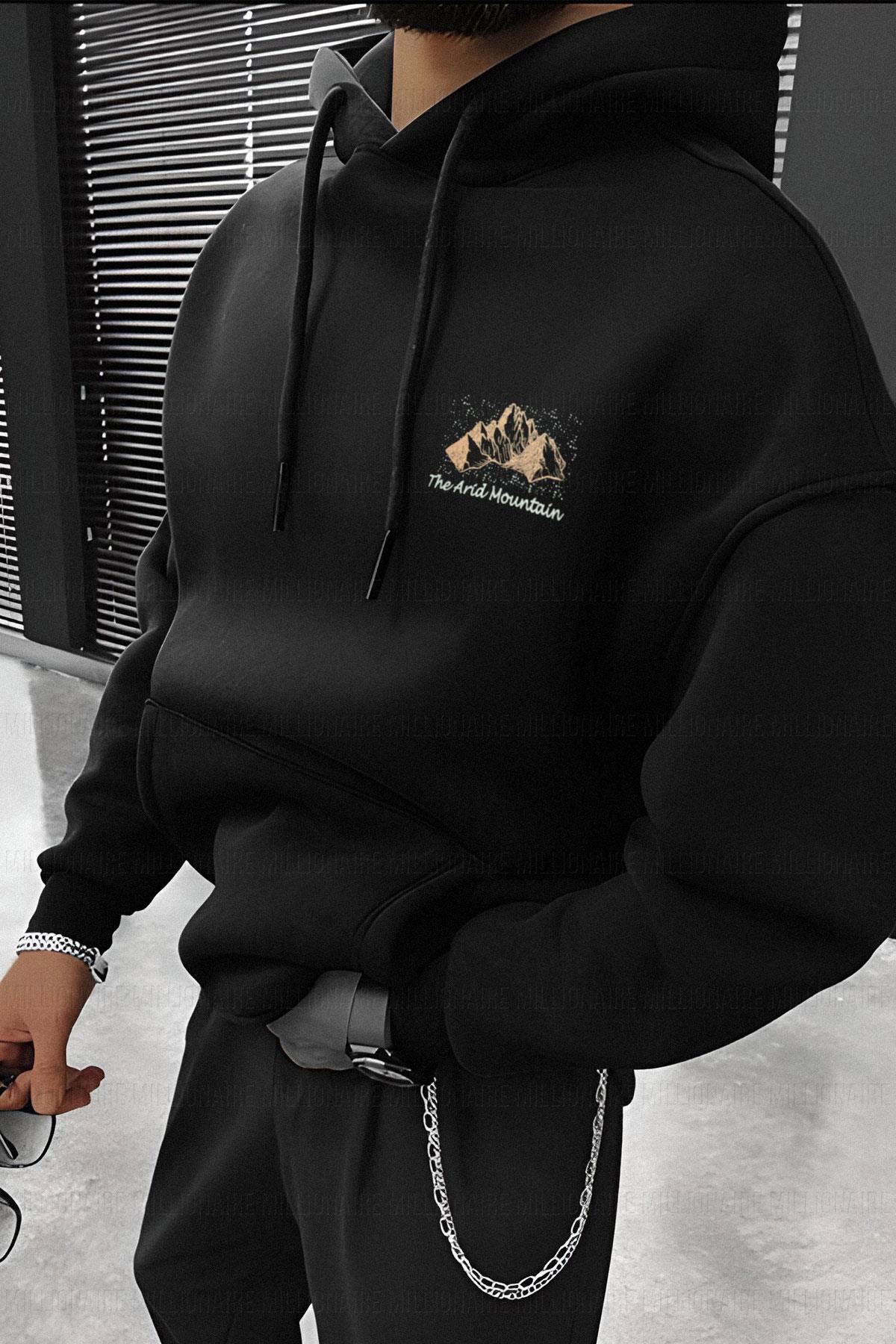 Erkek Siyah Arid Kapüşonlu Oversize 3 iplik Şardonlu Salaş Bol Kesim Hoodie Sweatshirt