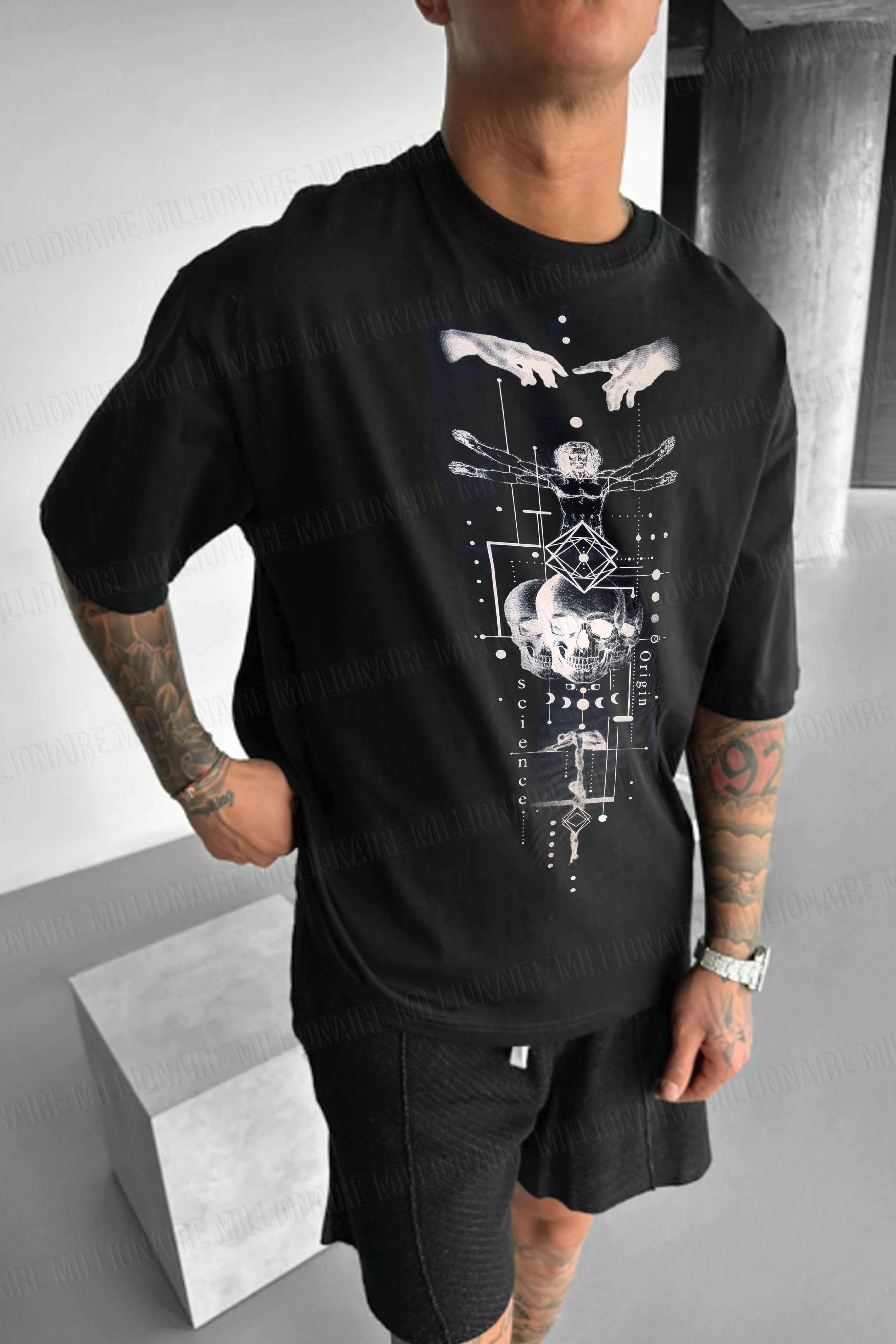 Erkek Siyah Da Vinci Sicience Oversize Fit Bol Geniş Kalıp Salaş Kesim T-shirt