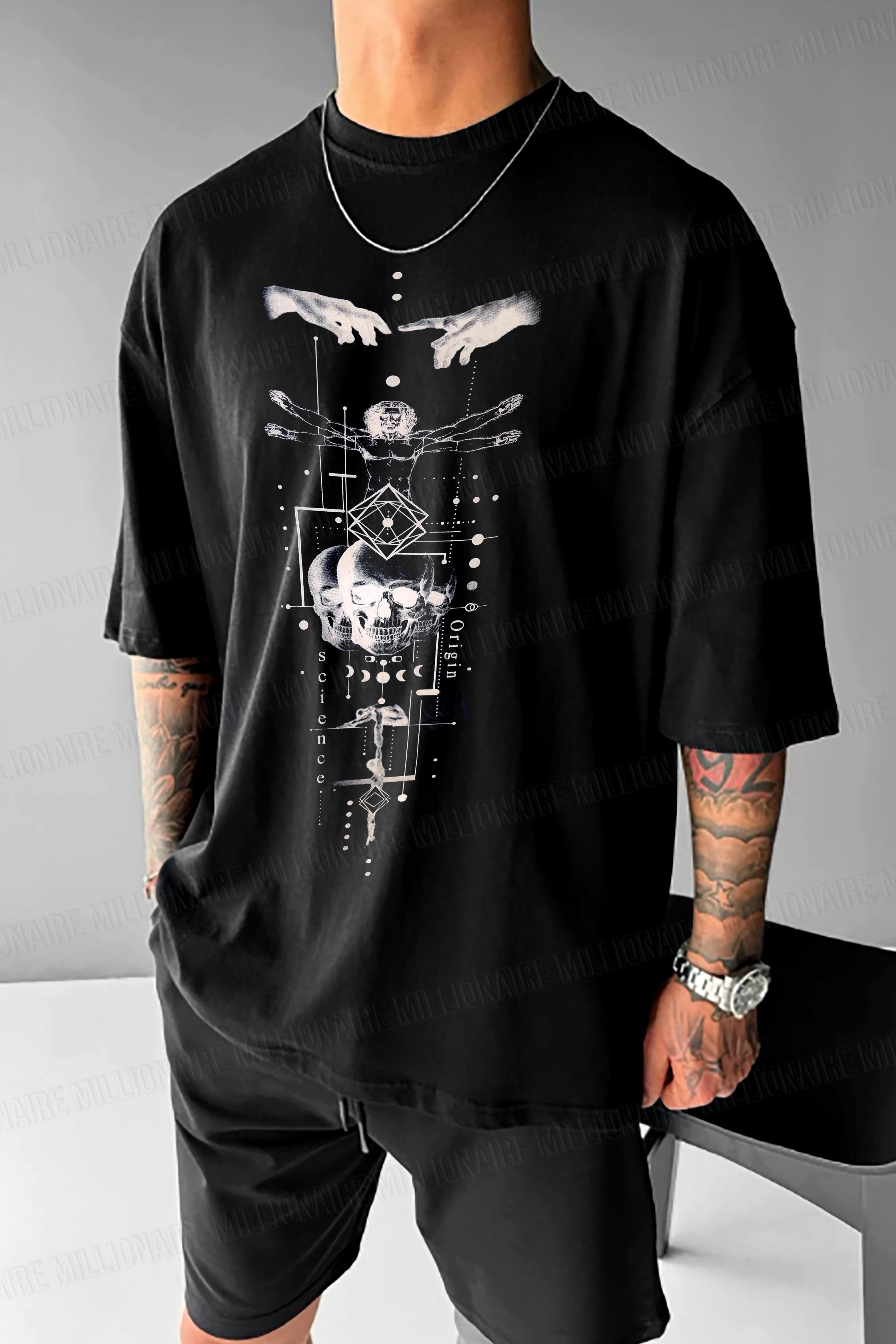 Erkek Siyah Da Vinci Sicience Oversize Fit Bol Geniş Kalıp Salaş Kesim T-shirt