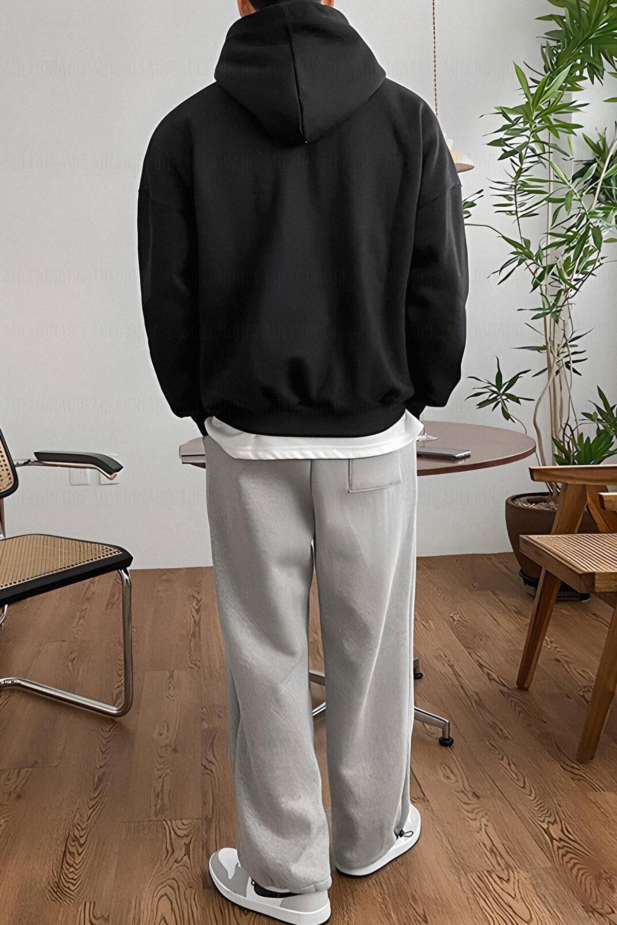 Erkek Siyah Düz Kapüşonlu Oversize 3 iplik Şardonlu Salaş Bol Kesim Hoodie Sweatshirt