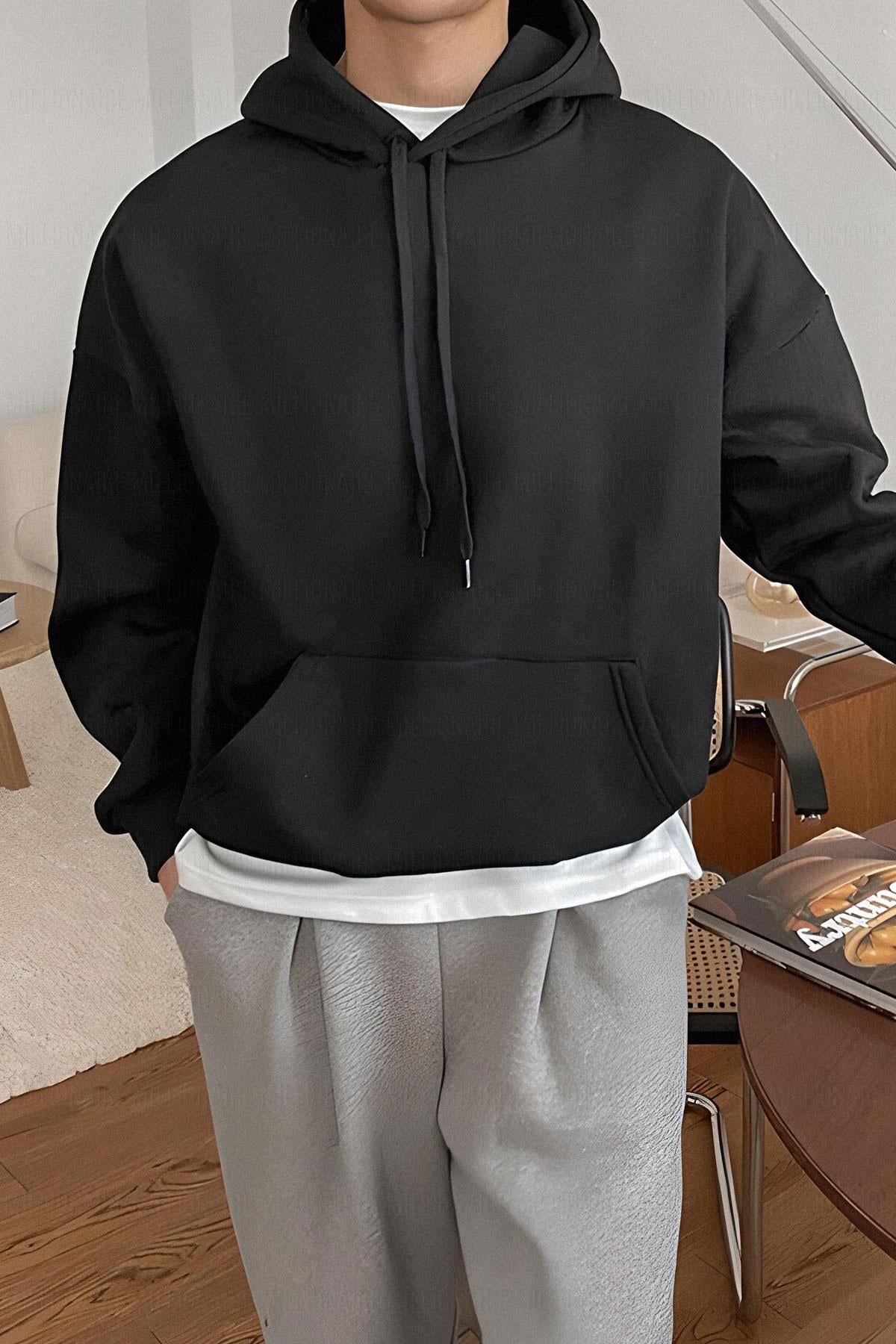 Erkek Siyah Düz Kapüşonlu Oversize 3 iplik Şardonlu Salaş Bol Kesim Hoodie Sweatshirt