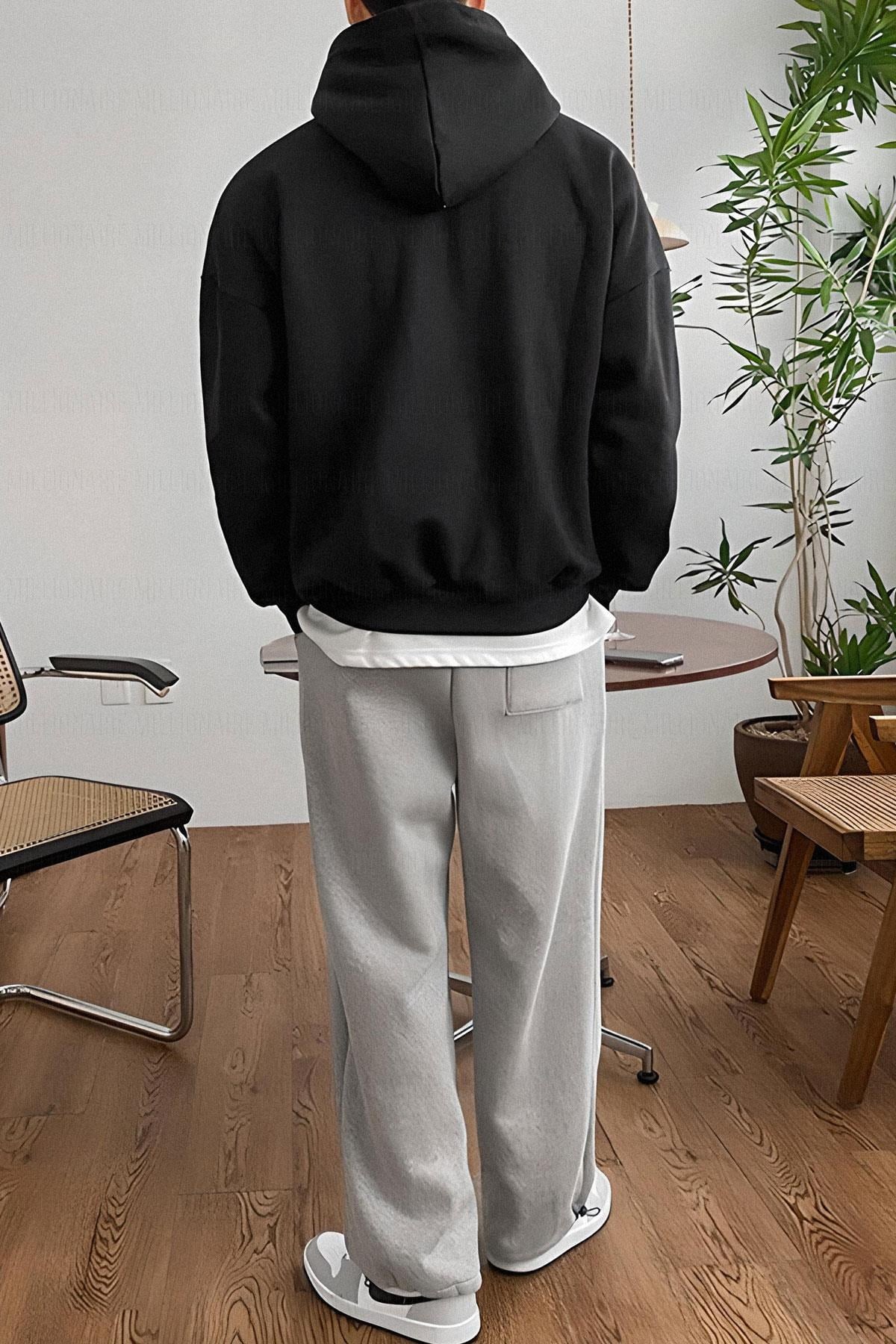 Erkek Siyah Düz Kapüşonlu Oversize 3 iplik Şardonlu Salaş Bol Kesim Hoodie Sweatshirt