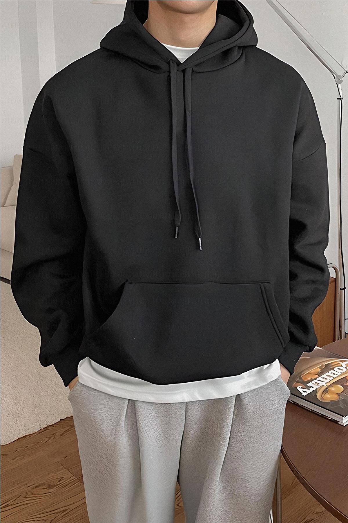 Erkek Siyah Düz Kapüşonlu Oversize 3 iplik Şardonlu Salaş Bol Kesim Hoodie Sweatshirt