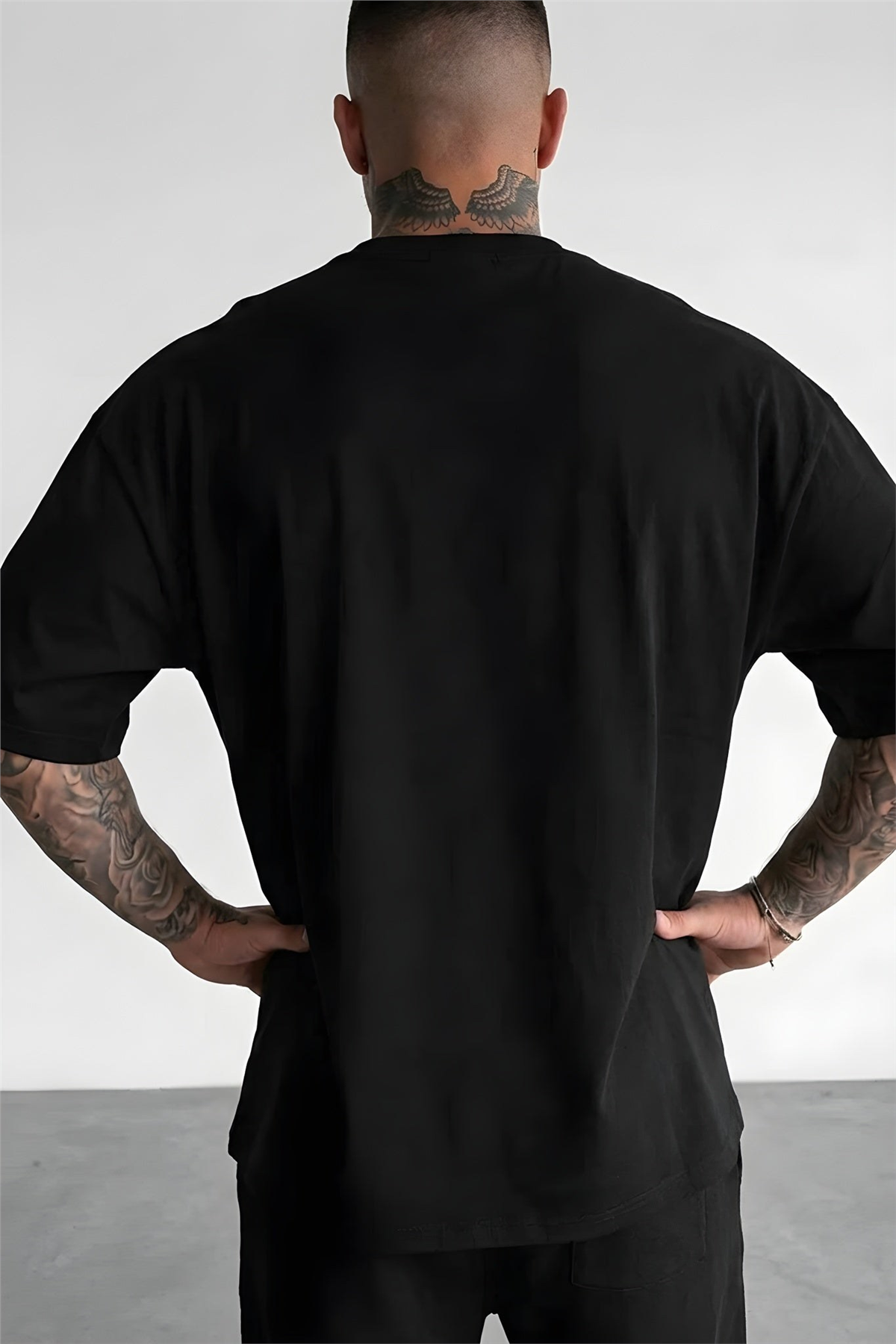 Erkek Siyah Kupa As Kuru Kafa Oversize Fit Bol Geniş Kalıp Salaş Kesim T-shirt