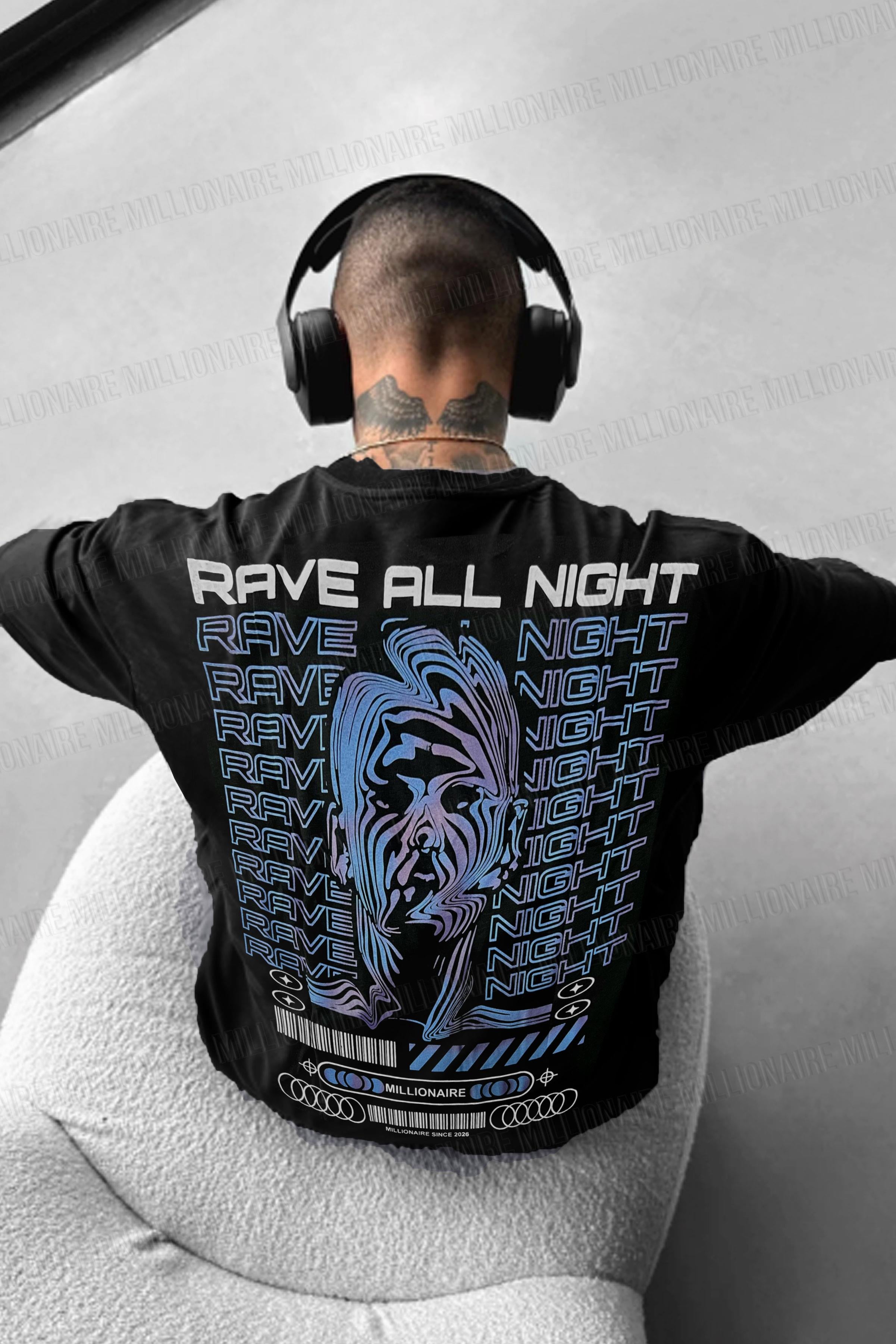 Erkek Siyah Rave All Night Oversize Fit Bol Geniş Kalıp Salaş Kesim T-shirt